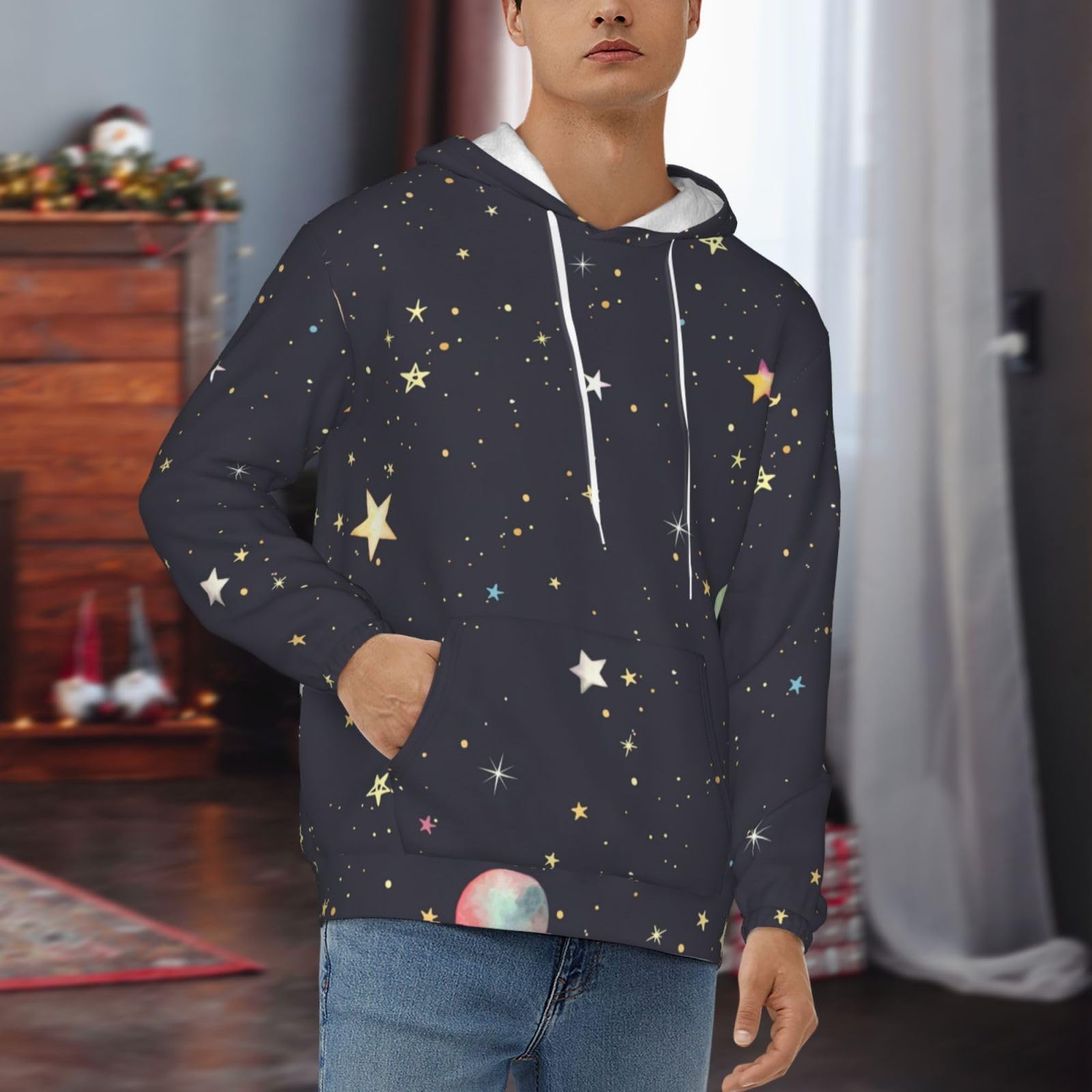 Męska bluza z kapturem z nadrukiem Galaxy, casualowa grafika z nadrukiem bluzy z kapturem z kieszenią