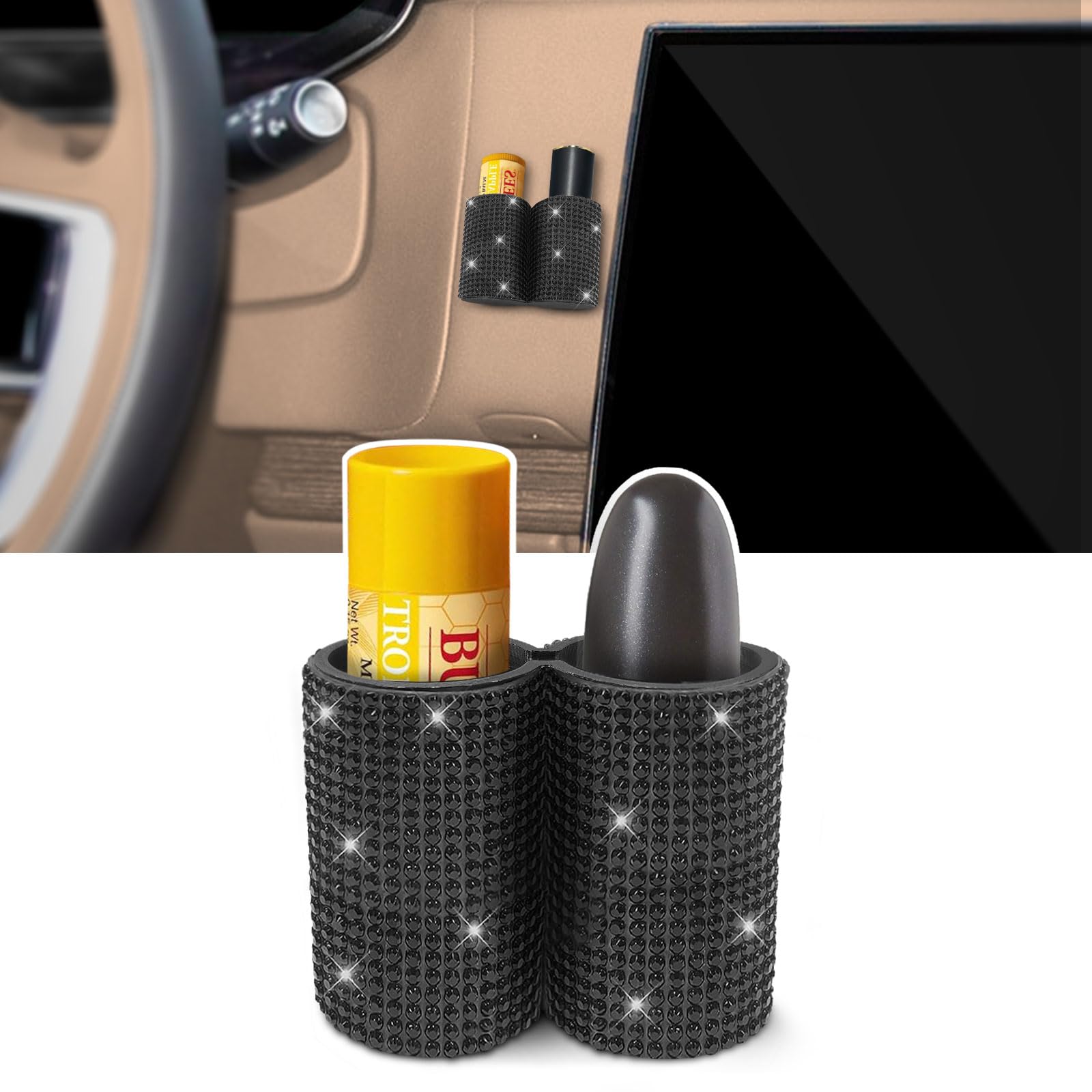 MR3XL New Type Lipstick Holder, Upright Lip Balm Holder No Melt, Buling Girl Car Accessories, Suitable for Various Models. (Black Bling)