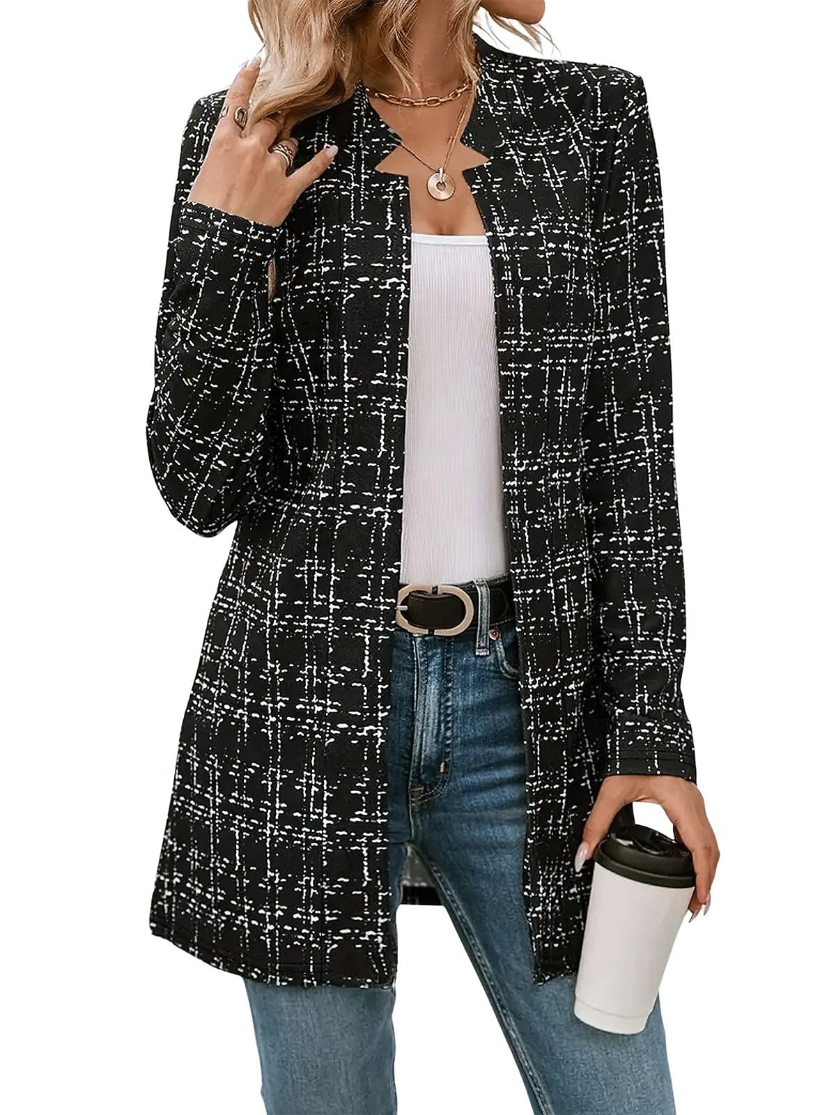 ebossy Womens Casual Slim Notched Plaid Tweed Blazer Elegant Open Front Long Sleeve Thigh Length Jacket Dress Coat