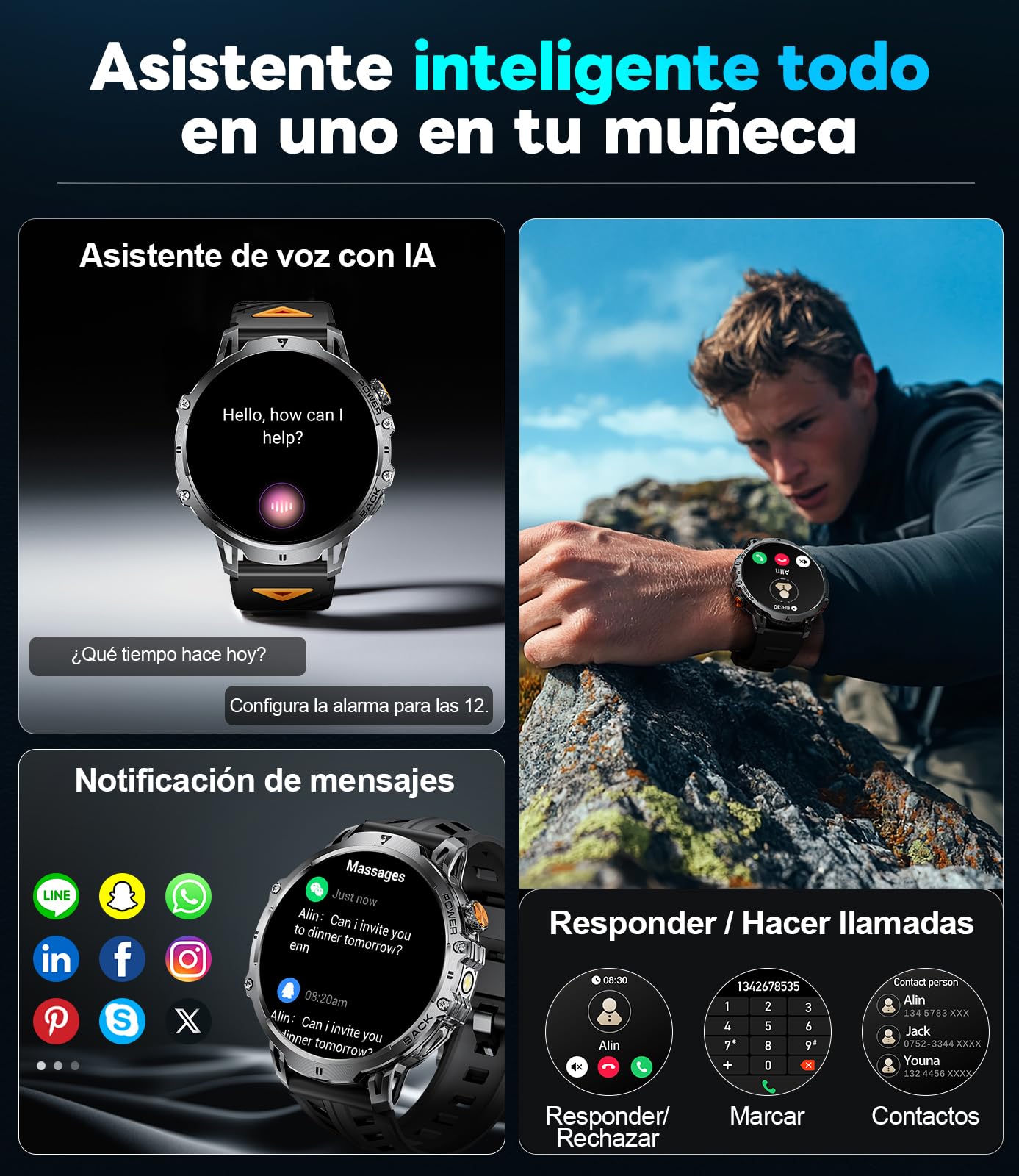 Reloj Inteligente Hombre con 1000mAh Batería,1.85" Smartwatch Hombre con Llamadas/LED Linterna,110+ Modos Deportivos,IP68 Impermeable/Pulsómetro/Sueño,Pulsera Actividad Android iOS Negro Grafito