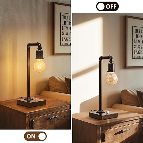 Miniatura 6 de Lámpara de mesa industrial para dormitorio, lámpara de noche totalmente regulable con puertos USB C+A, lámpara vintage con diseño de tubería de