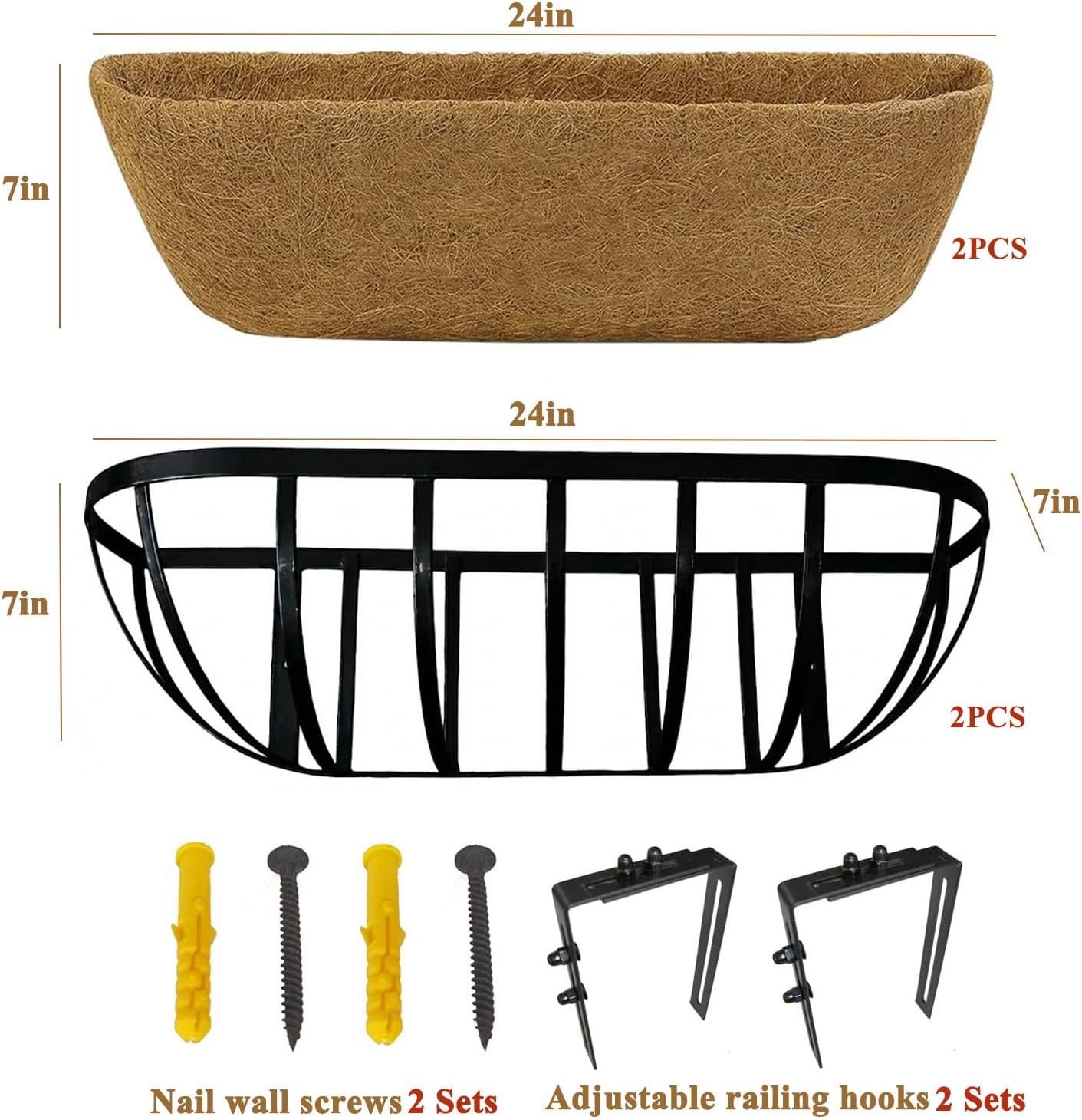 24 Inch Railing Planter Boxes 2 Pack Metal Window Box Planters with Coco Coir Liners, Horse Trough Planter with Adjustable Brackets for Deck Balcony Fence Porch Patio Outdoor Garden