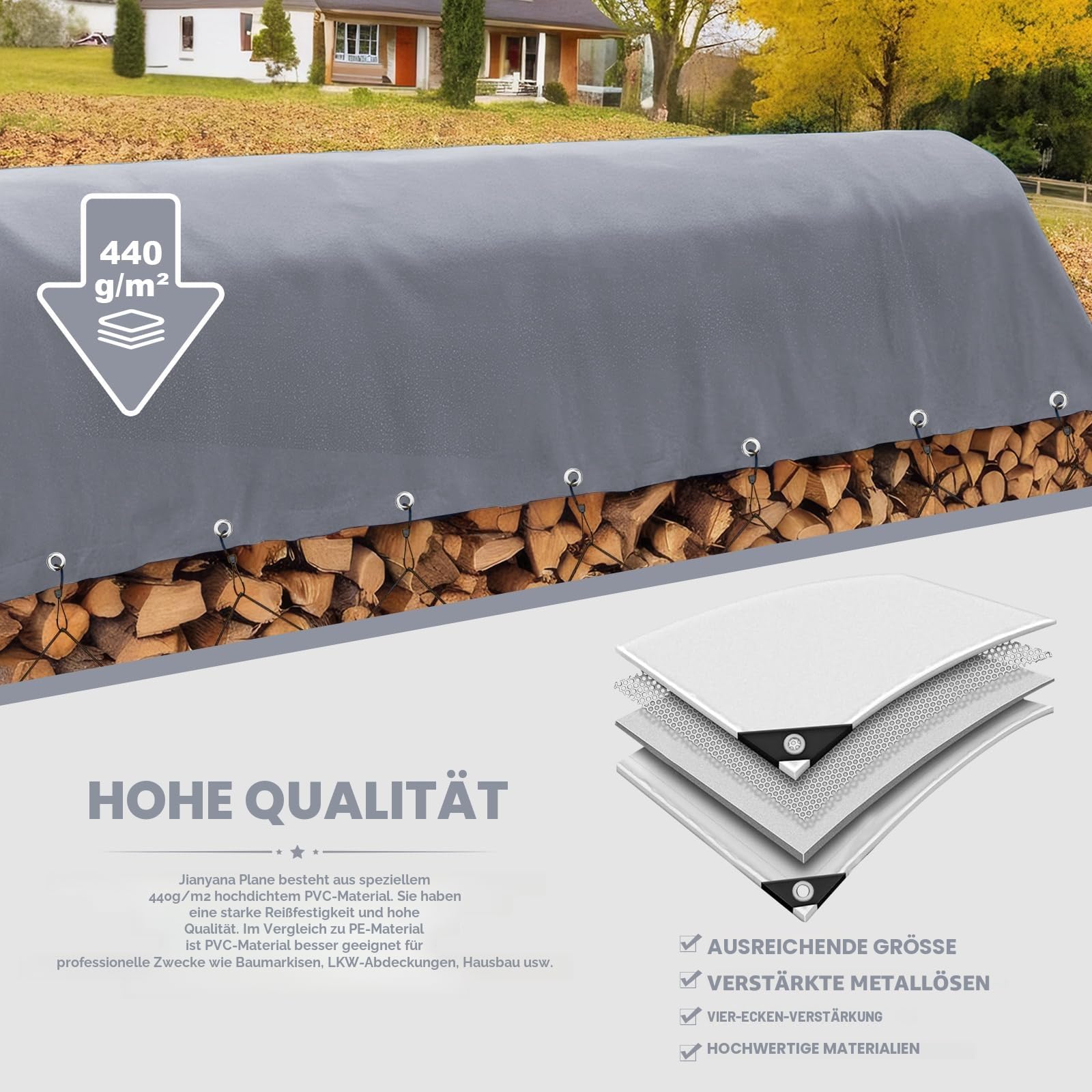 Jianyana Abdeckplane, PVC 440 g/m² LKW Plane mit ösen Plane Wasserdicht mit ösen Mit 10m Seil, Grau (2 x 3 m)