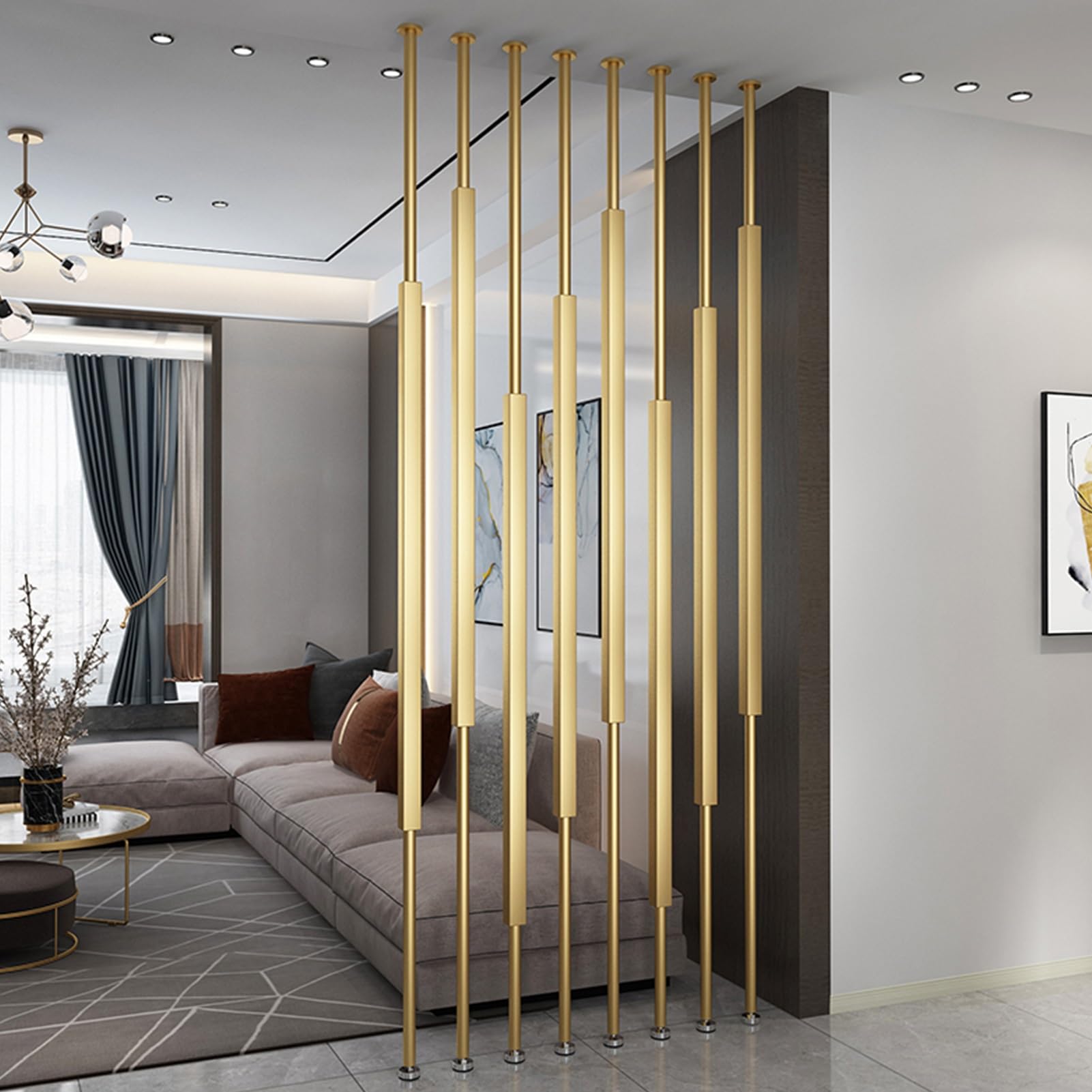 Biombo Separador de ambientes Gold Paravent | Panel divisorio Independiente para Pasillo de Entrada y Escalera | Mampara de privacidad de 5/8 Piezas con Listones metálicos(5pcs-A,120cm/47in/3.9ft)
