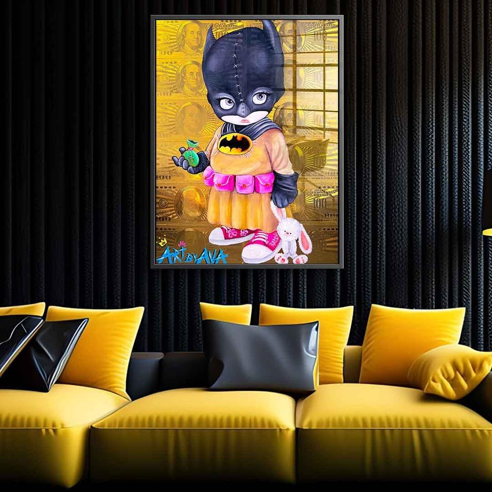 Acrylic Glass Picture Batman Money Kid Gold Money Hustle Comic Cartoon Style Size 80 x 60 cm Black