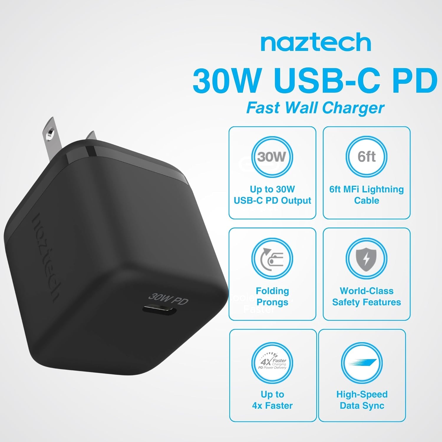 Naztech USB-C PD Wall Charger with 6ft Charging Cable - 30W Portable Power Delivery Fast Adapter, Compatible for International Travel, iPhone, Samsung, Laptops & More - Black