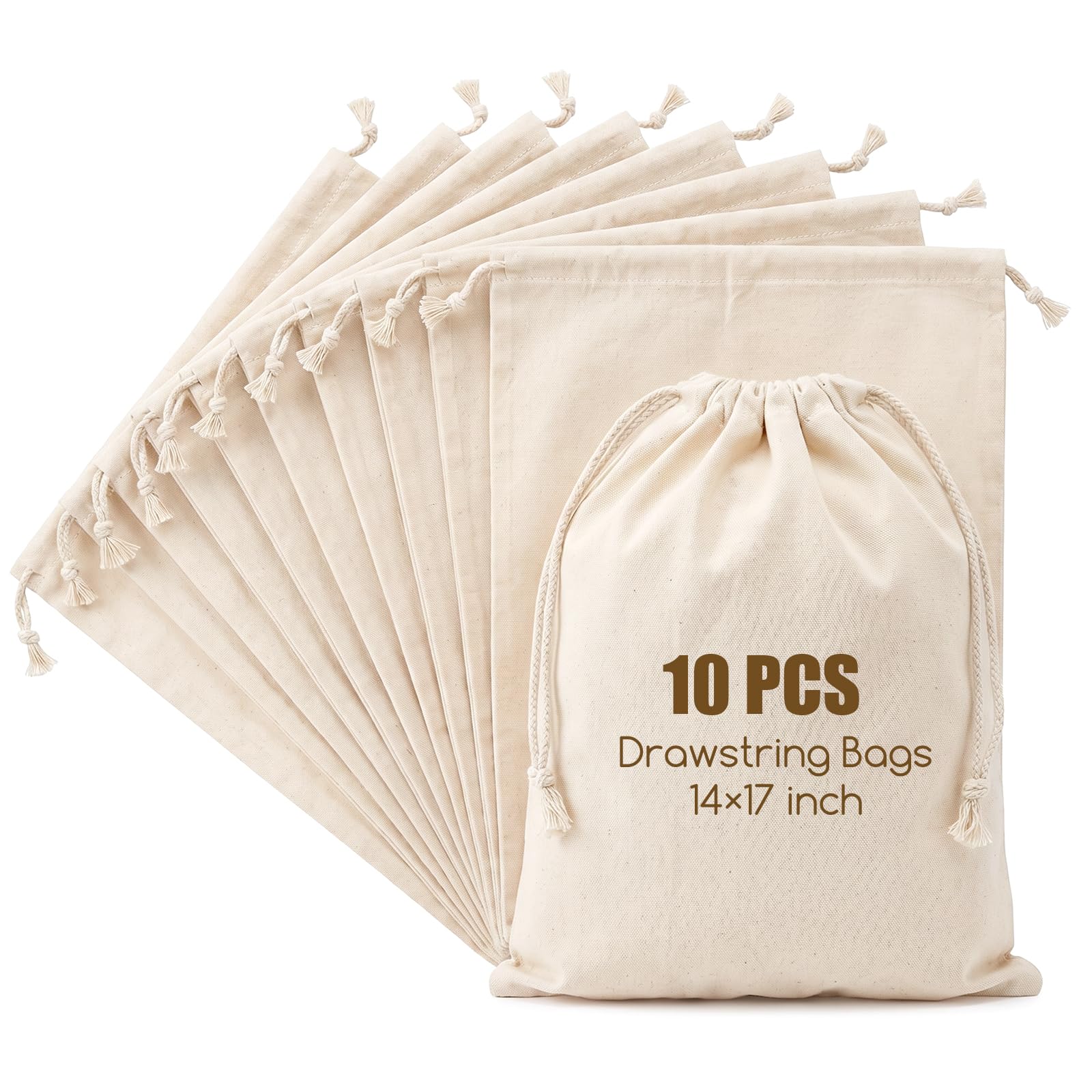 Photo 1 of 10PCS Pure Cotton Storage Bags with Drawstring, X-Large 14x17'', Natural Vegetable Storage Bag, Reusable Muslin Bulk Flour Sack Bag, Washable Food Safe, for Bread Grocery Produce Shopping DIY Tie Dye