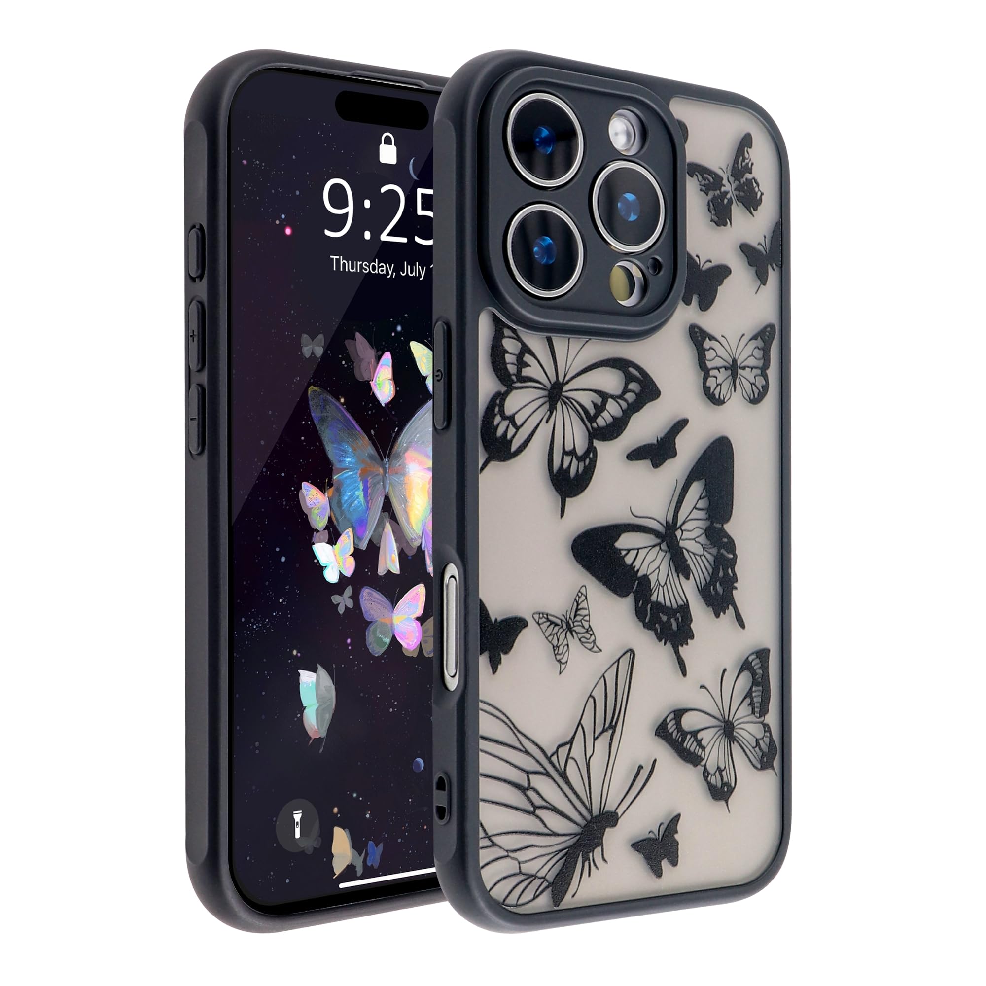 ANDATE Compatible with iPhone 16 Pro Max Case, [Cute Butterfly] Soft TPU Bumper Hard PC Back Slim Shockproof Protective Translucent Matte Case Cover