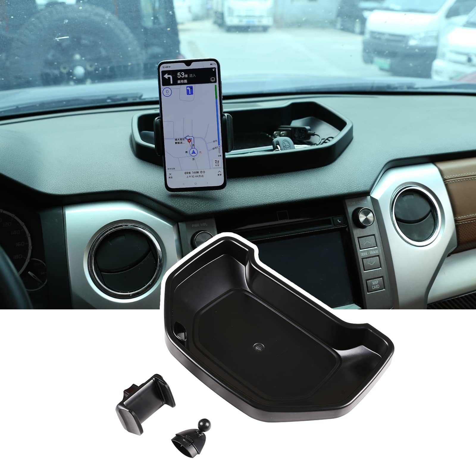Black ABS Car Center Console Dash Table Storage Tray Fit for Toyota Tundra 2014-2021 Instrument Organizer 360° Rotating Phone Holder Cradle Accessories (with Mobile Phone Holder)