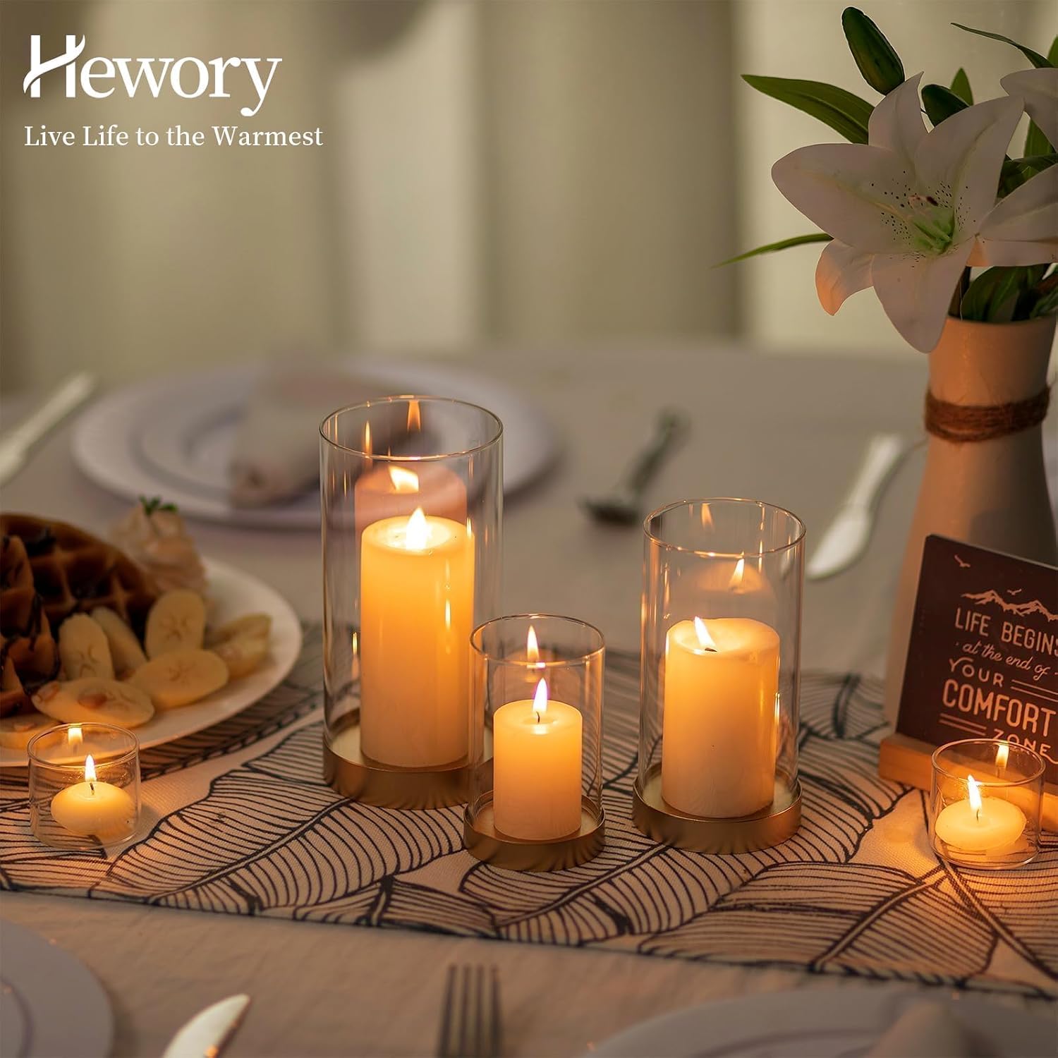 Hewory Hurricane Candle Holder for Pillar Candles: Gold Votive Candle Holders Set of 12, Glass Hurricane with Metal Candle Plate, Pillar Candle Holder for Table Centerpiece Wedding Holiday Home Decor