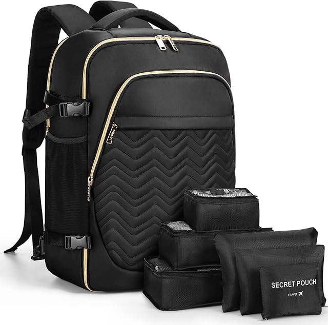 Lekesky Travel Backpack for Women Men with 6 Storage Bags,17.3 Inch Laptop Backpack Flight Approved Luggage Carry On Water Resistant Computer Backpack for Weekender Overnight Large Daypack Black