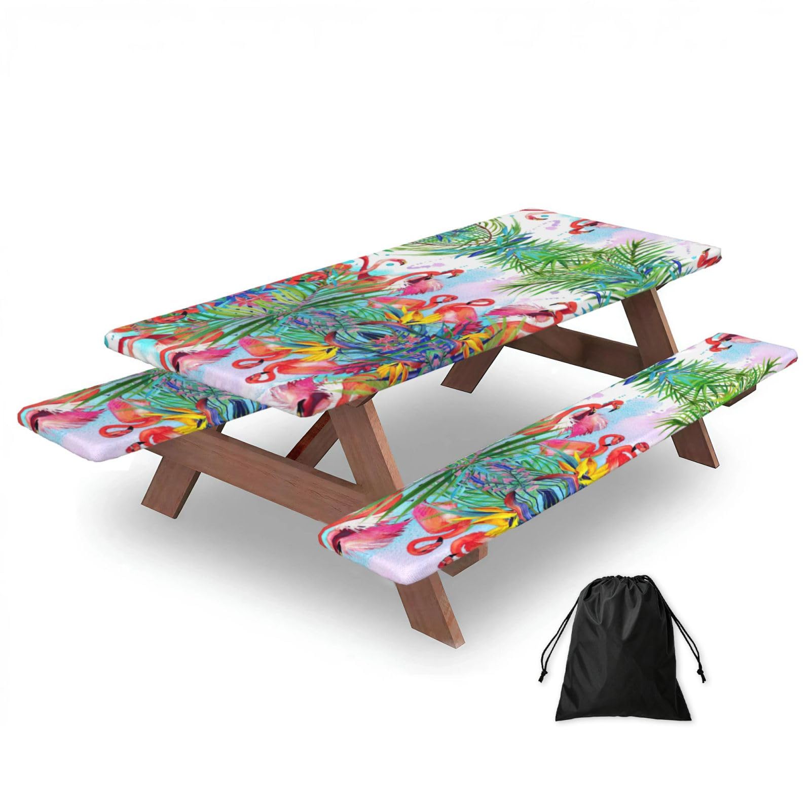 Duwaa Black Painted Flamingo Print 183Cm Picnic Table Cover With Bench Covers, Waterproof Elastic Tablecloth Set For Outdoor