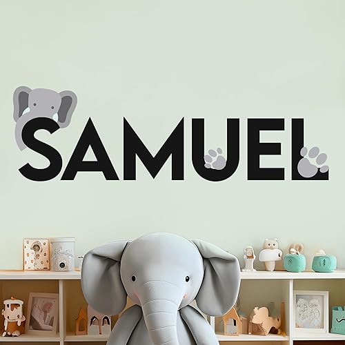 Calcomanías de pared personalizadas con nombre y animal elefante I para dormitorio I, decoración de pared para bebés niños y niñas, calcomanías de