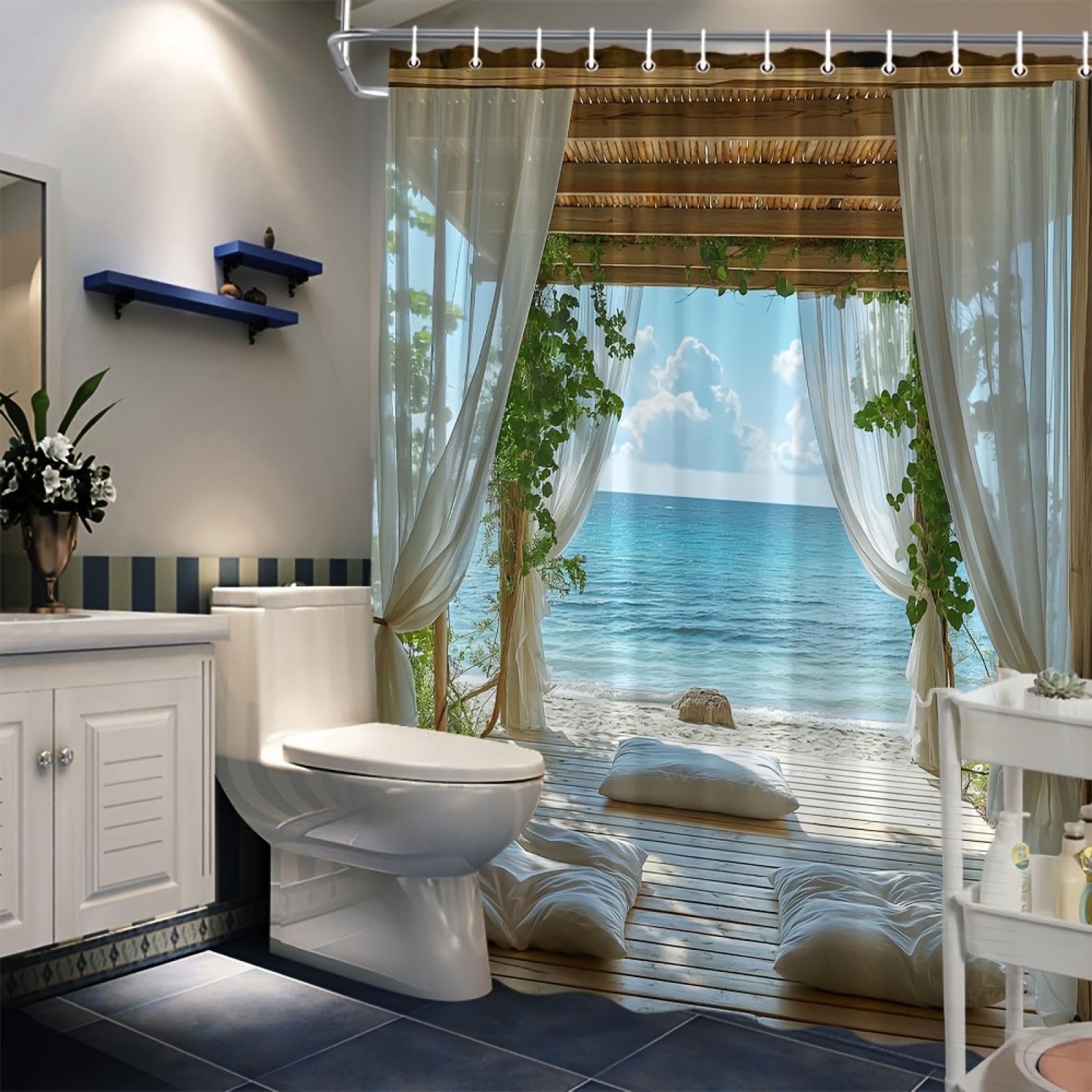Rideau de douche chalet de plage pour s'évader dans sa salle de bain