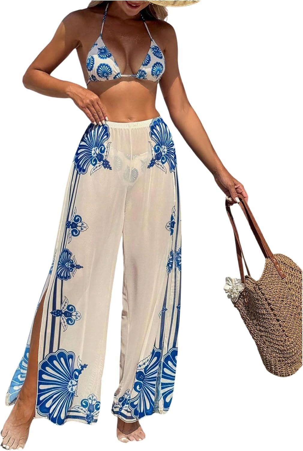 SHENHE Women's 3 Piece Swimsuits with Pants Triangle Halter String Bikini Set and Cover Up