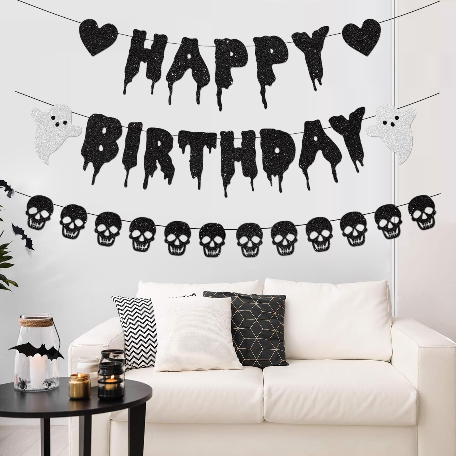 Schwarz Glitzer Halloween Geburtstag Banner mit Herz Schädel Girlande für Halloween Geburtstag Party Dekorationen, Größe: Breite: ca. 120 cm, Höhe: ca. 17 cm