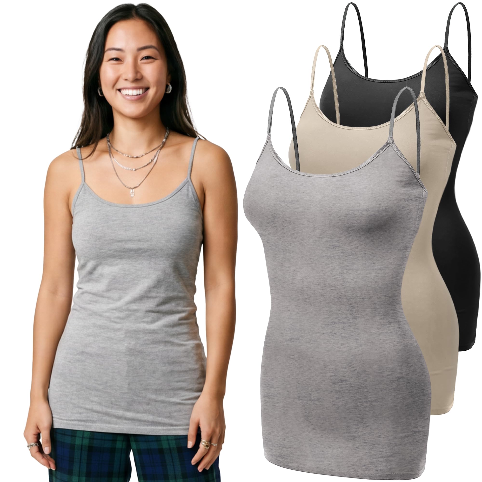 Emmalise Women's Basic Casual Long Camisole Adjustable Strap Cami Layering Top
