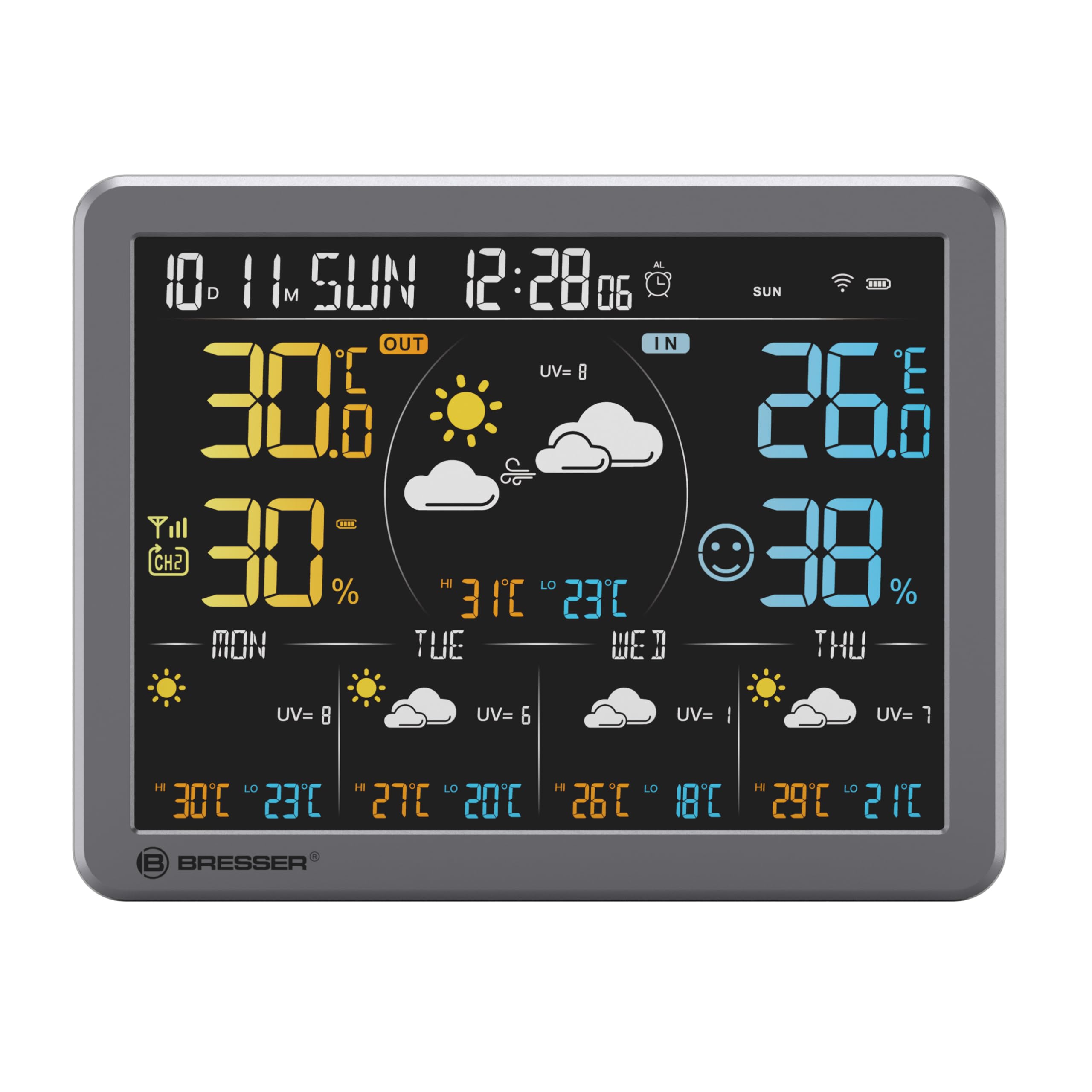 Bresser Stazione meteo Wi-Fi con app per Tuya Smart Home, previsione di 5 giorni, termoigrosensore, cronologia, indicatore di comfort, sveglia, allarme