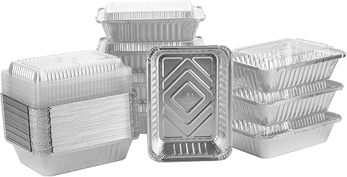 Sartenes de aluminio con tapas de cúpula de plástico, 50 unidades, sartenes oblongas de 2.25 libras (8.5 x 6 pulgadas), recipientes para llevar con