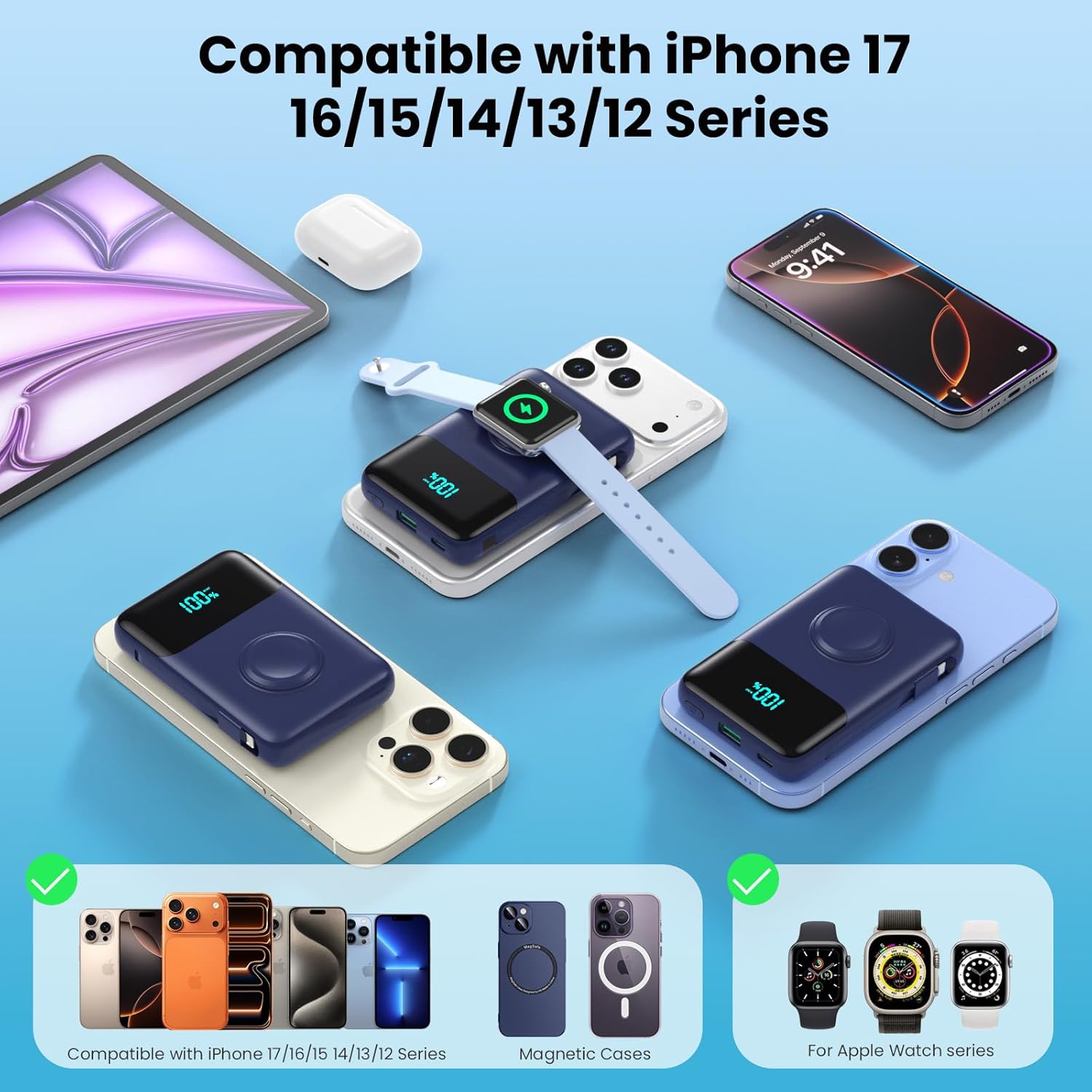 Magnetic Portable Charger for iPhone with Built-in Cable,10800mAh Wireless Power Bank for Magsafe Travel Essential,6-in-1 25W PD Fast Charging USB C Battery Pack for iPhone 17/16/15/14/13, Apple Watch