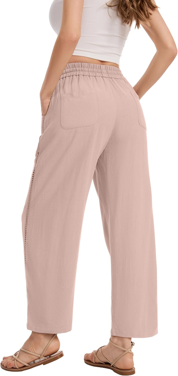 Womens Baggy Wide Leg Linen Cropepd Pants Casual Elastic Drawstring Waisted Harem Pants with Pockets