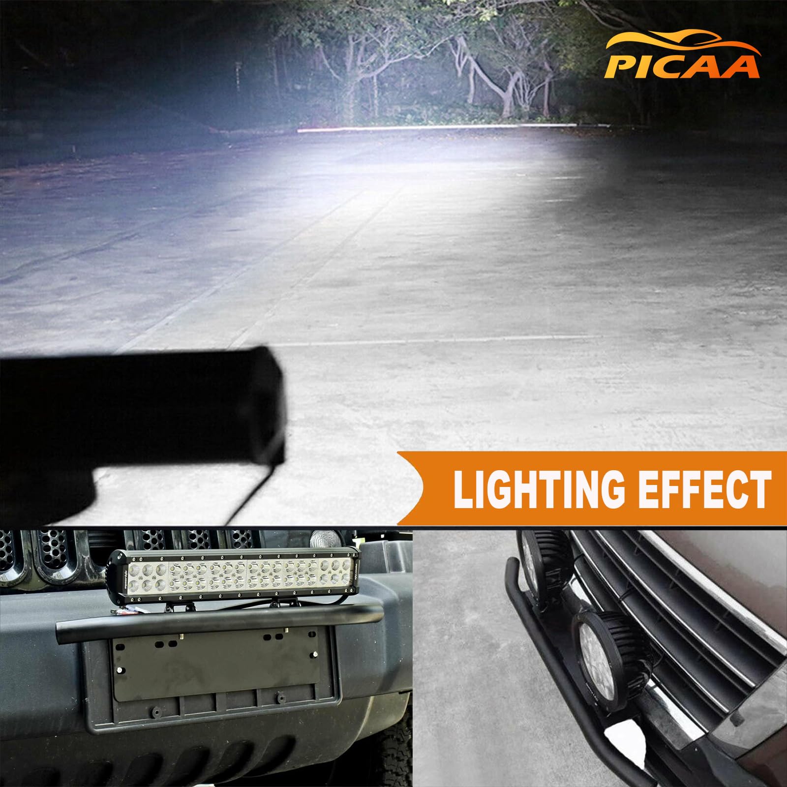 PICAA Listwa świetlna LED do samochodu, 324 W, 58 cm, z uchwytem montażowym przedniego zderzaka, trójrzędowe offroadowe, 4 x 4 ciężarówki, światła przeciwmgielne, światła robocze, 12 V 24 V, wiązka punktowa powodziowa, 6000 K biały