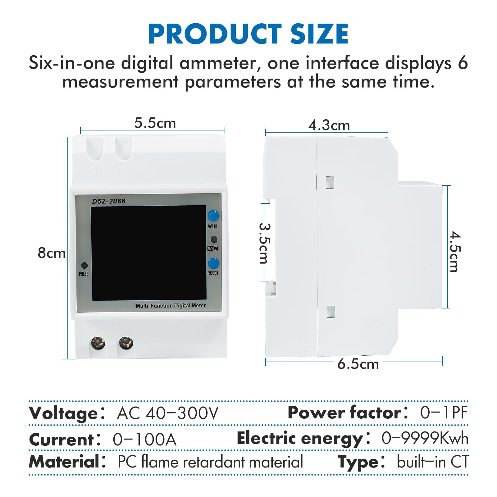 Contatore di Energia guida DIN 6 in 1 Digitale 1 Fase 2 Fili LCD Voltmetro Amperometro Multifunzione AC40-300V 100A