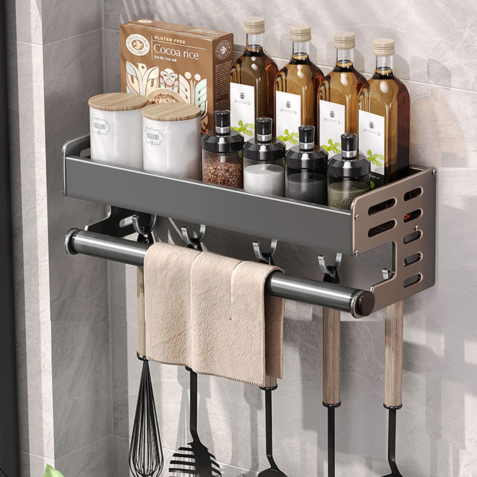 Dxcaicc Wall Mount Utensil Holder,Multifunctional Spice Organizer Shelf with Hooks,Kitchen Hanging Storage Wall Shelf for Spatula,Spoon,Knife,Seasoning Jar Organizer,30cm/11.8in