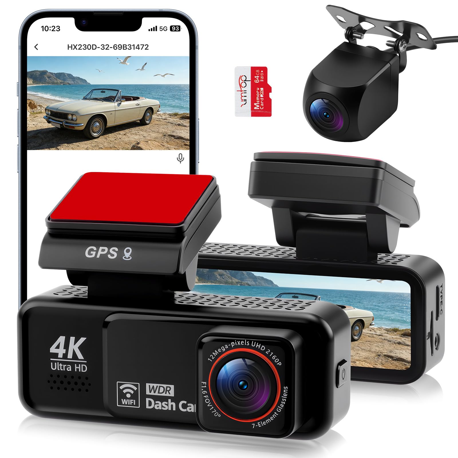 Dash Cam, 170° Wide Angle, 4K+2K Front and Rear Inside, Includes 64GB Card, WiFi & App Control, 24 Hours Parking Mode