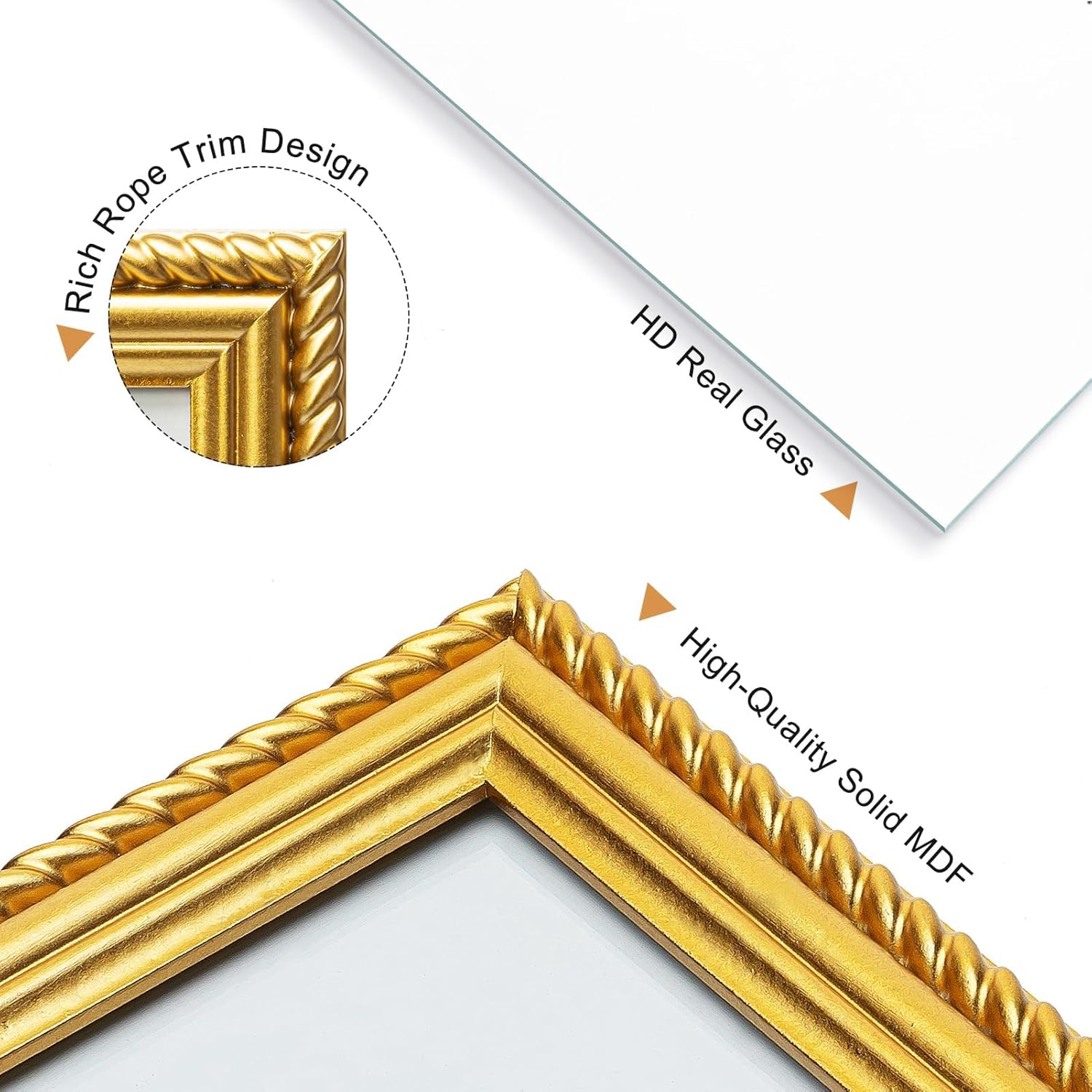 11x14 Picture Frame Ornate in Gold with Rope Trim, Solid Wood with Real Glass, Display 11x14 Photo Matted to 8x10, Vertical and Horizontal for Wall Hanging