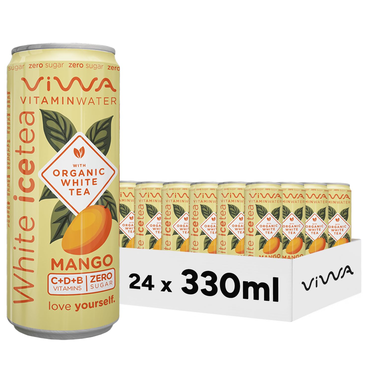 VIWA VITAMIN WATER Té Helado Blanco Bebida Refrescante Cero Azúcar con Vitaminas C, D y B. Sabor Mango, 330ml, Pack de 24, White Tea
