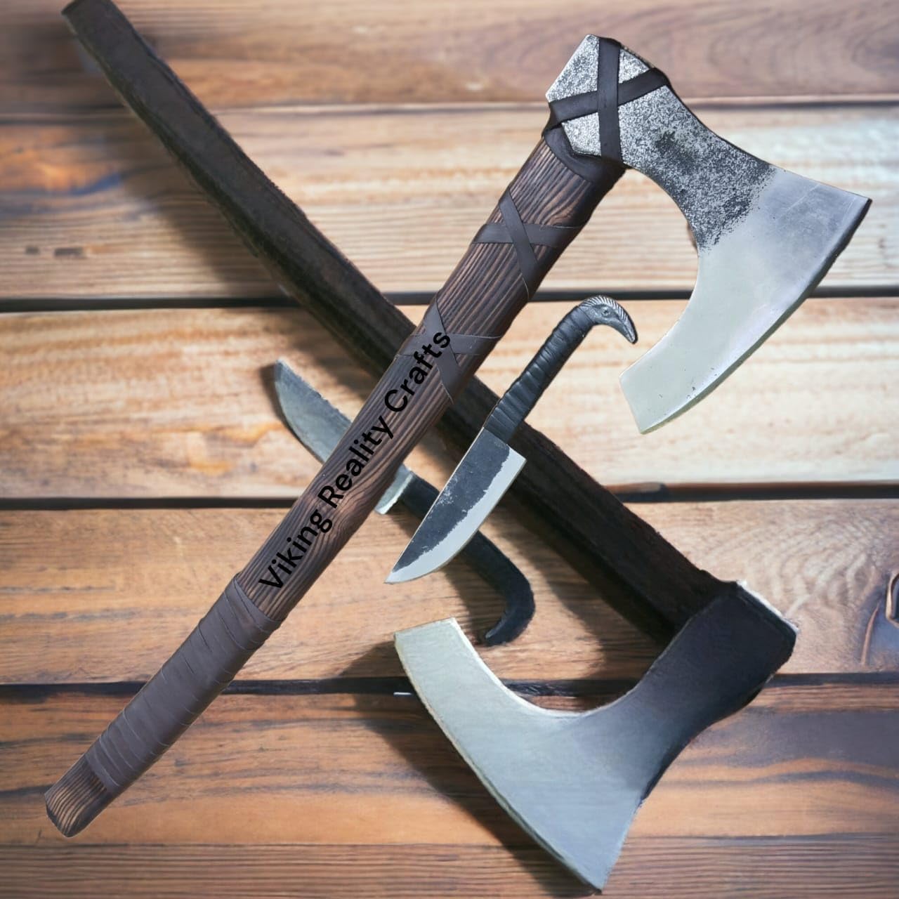 [ Viking Reality Crafts ] Viking Cutlery, Vikings Norse Battle Axe with Handmade Forged Fixed Knife Gift, | Authentic Hand-Forged |Hardened Blades with Genuine Leather Sheath