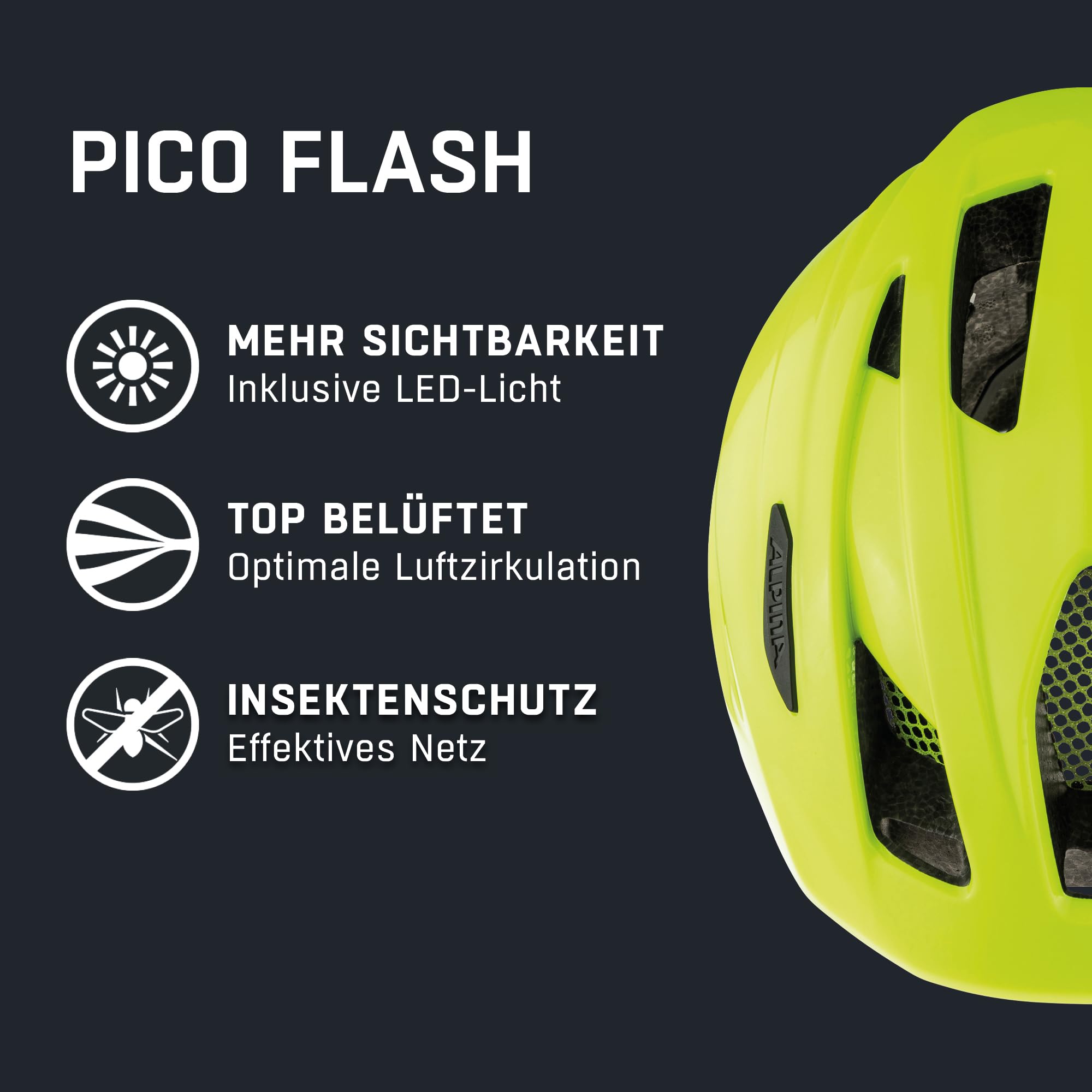 ALPINA PICO Flash - Beleuchteter, Leichter & Bruchfester Fahrradhelm Mit Fliegennetz Für Kinder