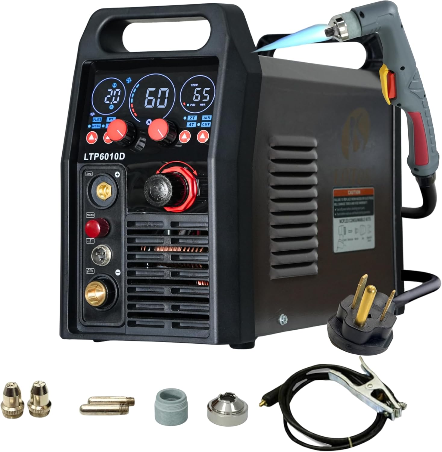 LTP6010D 60A Plasma Cutter, Drag-Cut Ready & Up to 20% Faster, 5/8" Clean (3/4" Sever), Non-Touch Pilot Arc, New-Design Torch, Dual-Voltage 110/220V, LED Panel, Front Regulator
