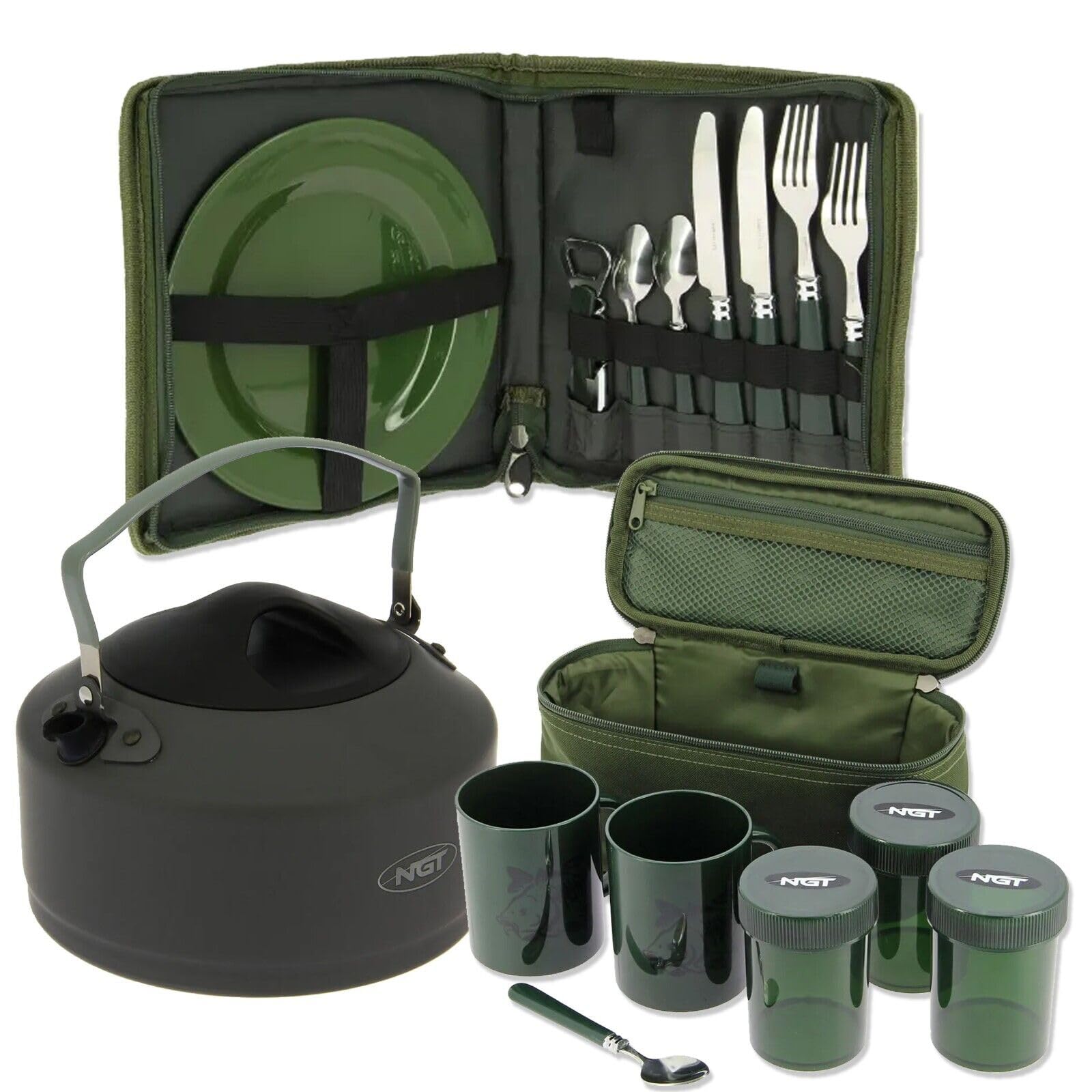 NGT Carp Fishing Brew Kit 2X Mugs & 3X Pots Storage Bag Kettle Full Cutlery Set,(ODCS1)