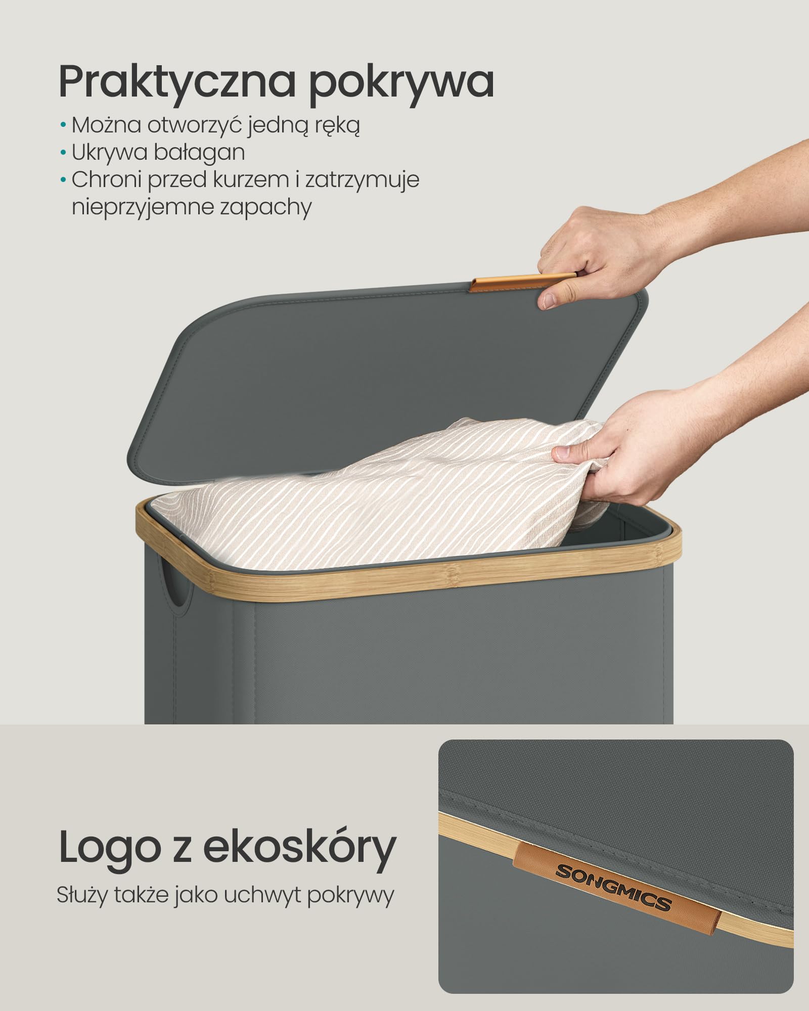 SONGMICS Kosz na pranie z pokrywką, kosz na pranie, kosz na pranie, wyjmowany worek na pranie, rama bambusowa, do pralni, sypialni, 100 litrów, szary łupek LCB531GN01
