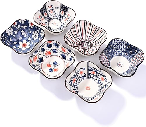 Juego de 6 platos de salsa de 4 onzas, cuencos pequeños de diferentes patrones para salsa de tomate, condimentos, aderezos para ensaladas y especias