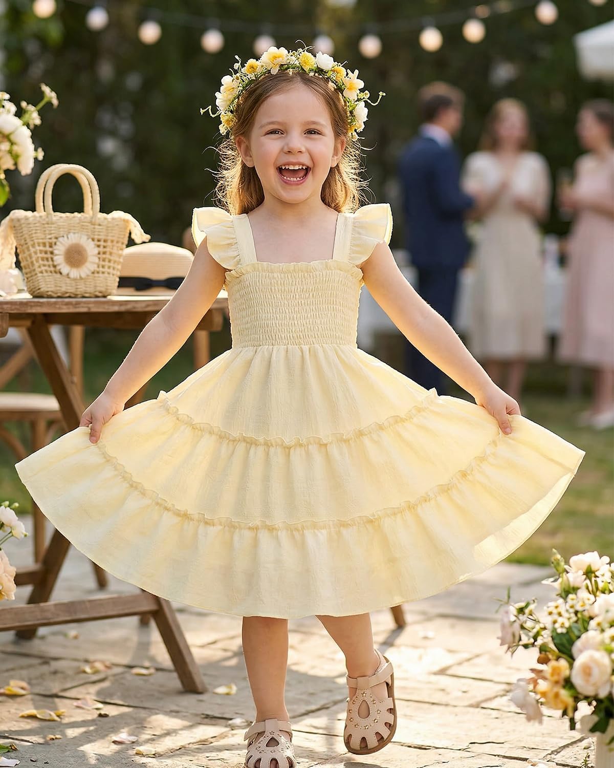 FishingDino Toddler Baby Girls Dress 1-6T, Ruffle Sleeveless Smocked Dress with Back Tie Summer Outfits Beach Sundress - 3