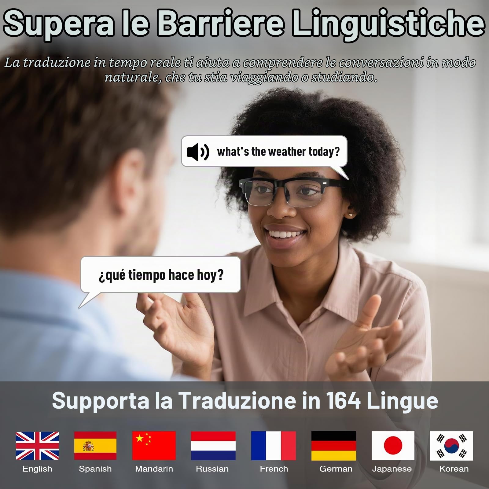 Occhiali Intelligenti IA, Occhiali di Traduzione Bluetooth con 164 Lingue, Lenti Fotocromatiche, Design Semi-Montatura, Applicazione Gratuita, Occhiali Bluetooth per Lavoro, Viaggi e Passeggiate