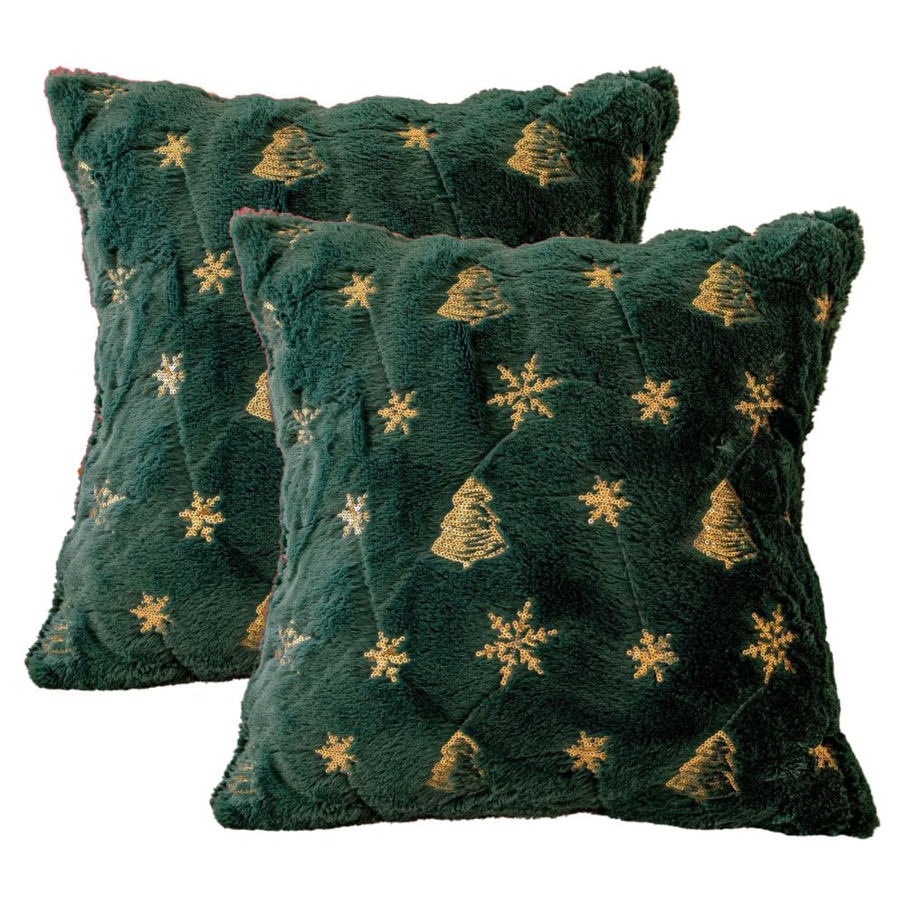 BDKMMS Christmas Pillow Covers, 2PCS 17.7×17.7Inch Soft Plush Christmas Tree Embroidered Pillowcases Xmas Decorations for Sofa Couch Cushion Chair Living Room