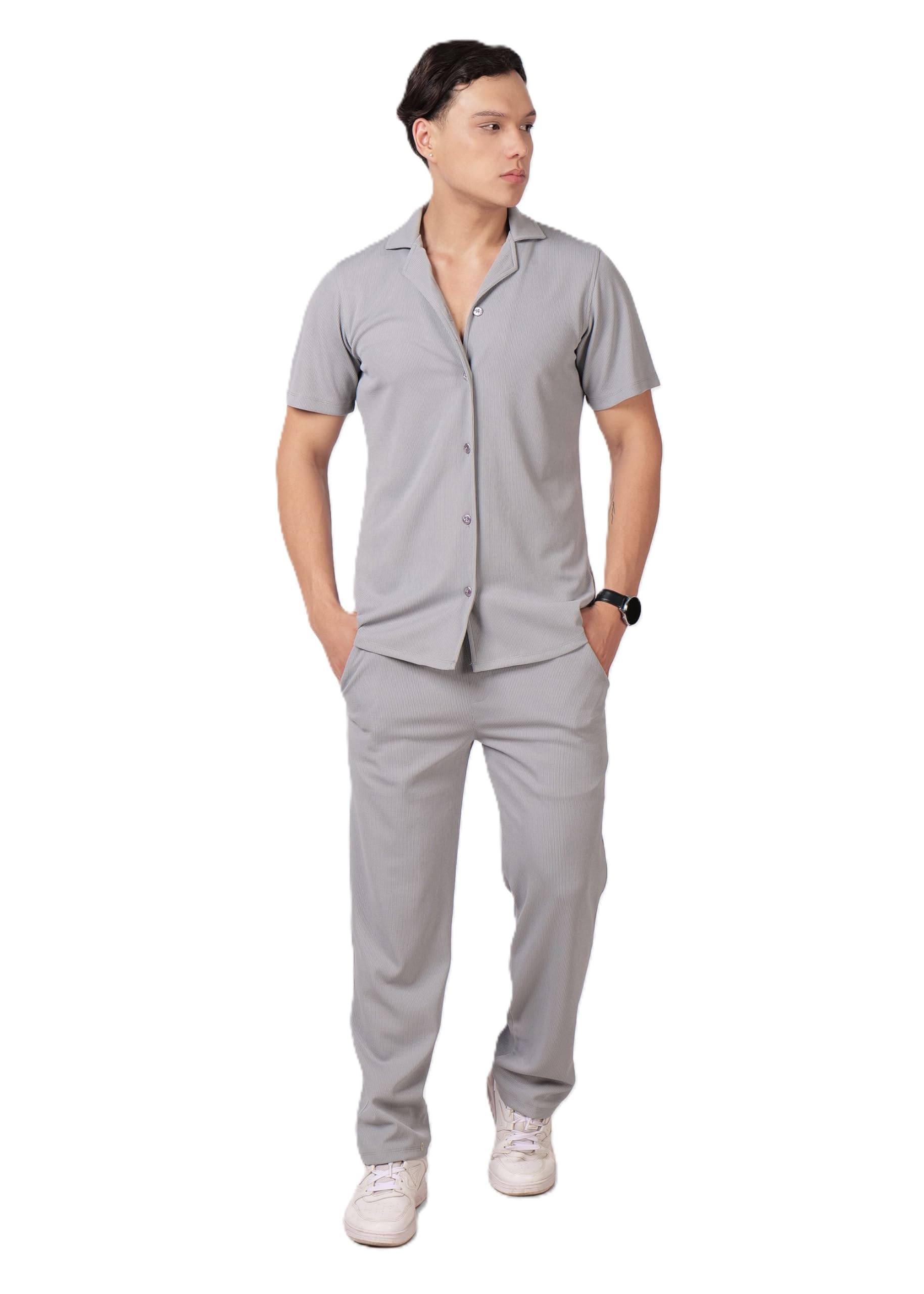 loom fashion Men's Co-ord Set, Relaxed Fit Casual Shirt and Trouser Set, Summer Wear for Men, Soft Mario (Grey)-picture-47