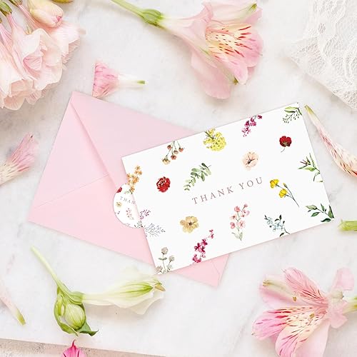 Miniatura 4 de Whaline Paquete de 24 tarjetas de agradecimiento florales de acuarela de flores de primavera con sobres, calcomanías de flores silvestres, tarjetas