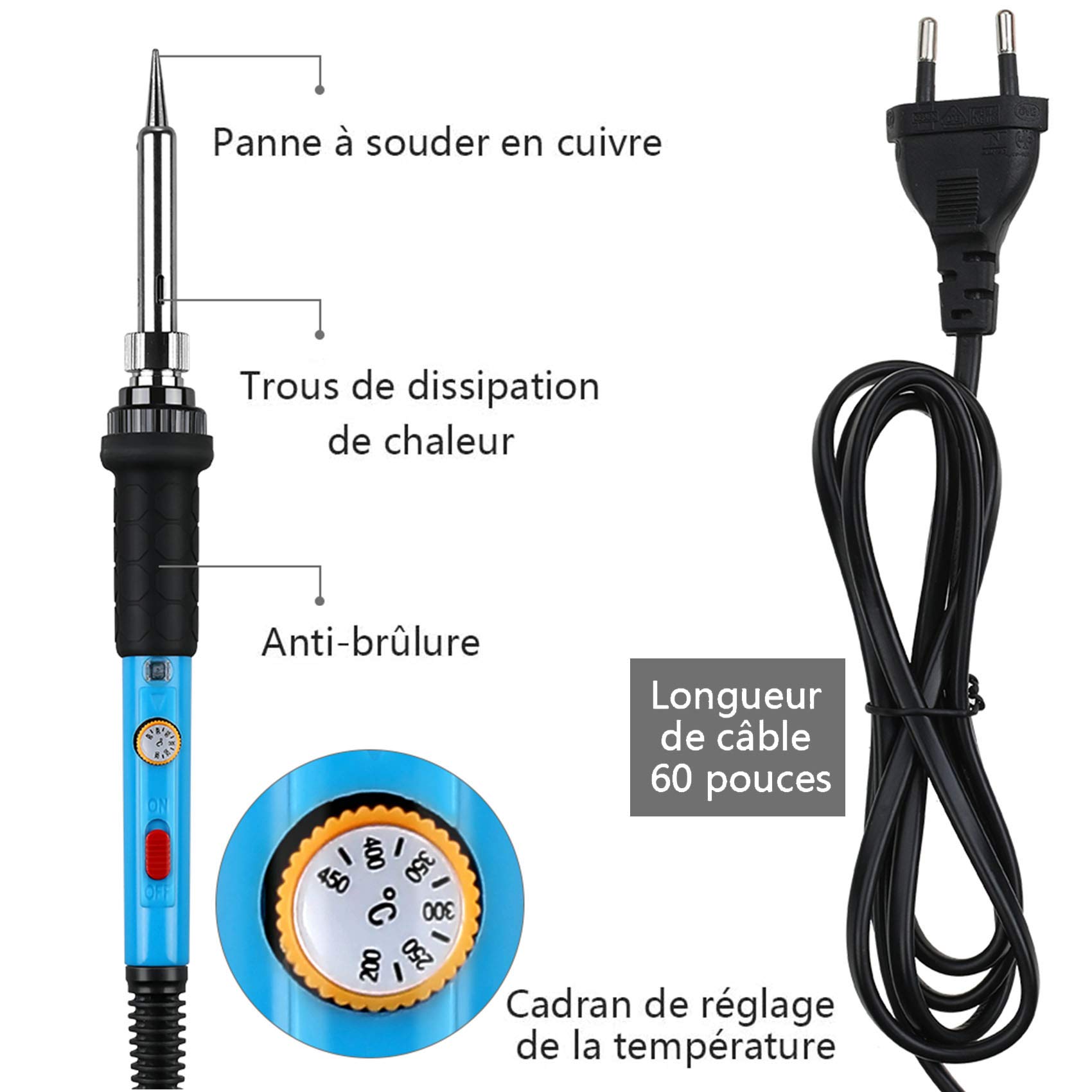 Fer à Souder Kit, 60W, Temperature Réglable de 200~450℃, Multimètre, 5PCS Conseils de soudage, Pompe à Dessouder, Fil de Soudure, Pincettes, Tournevis, Dénudeur de Fil, Support