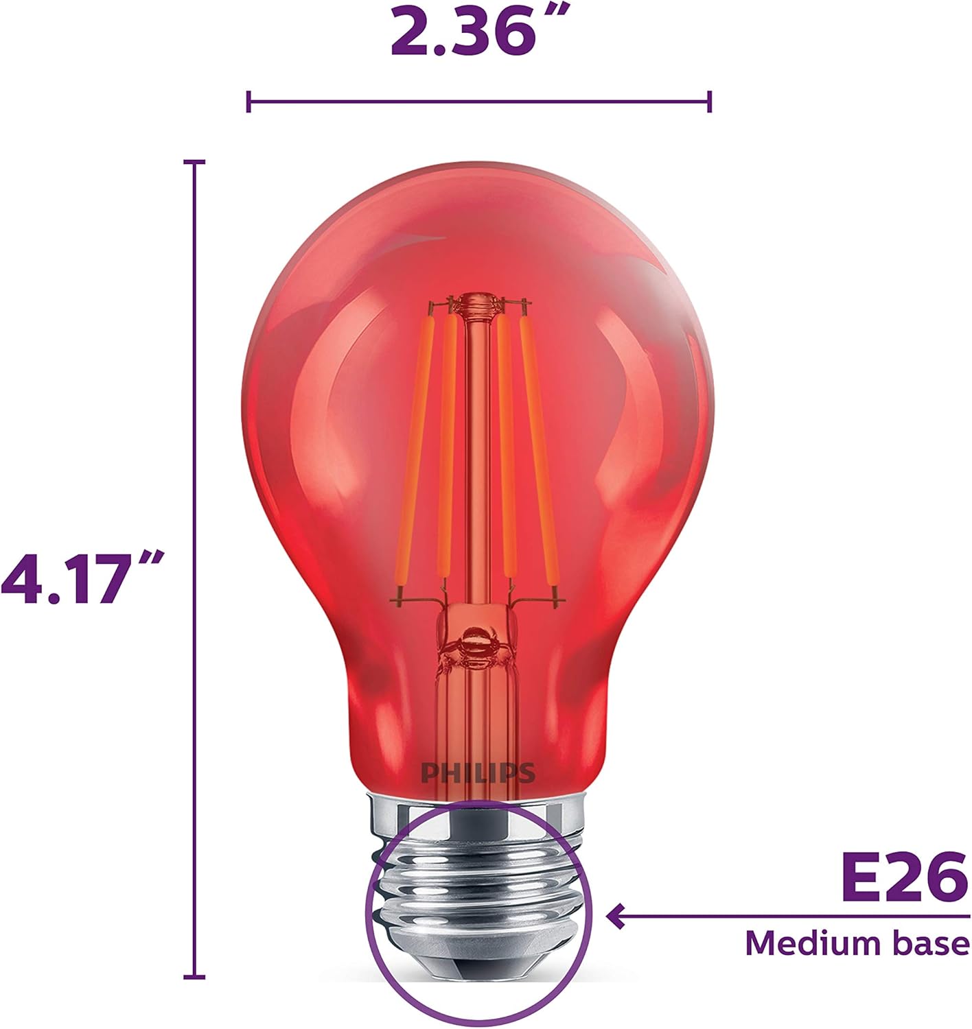 Philips LED 538207 A19 Party Bulbs: Filament Glass, 4-Watt (40-Watt Equivalent), E26 Medium Screw Base, Red Light, 6-Pack