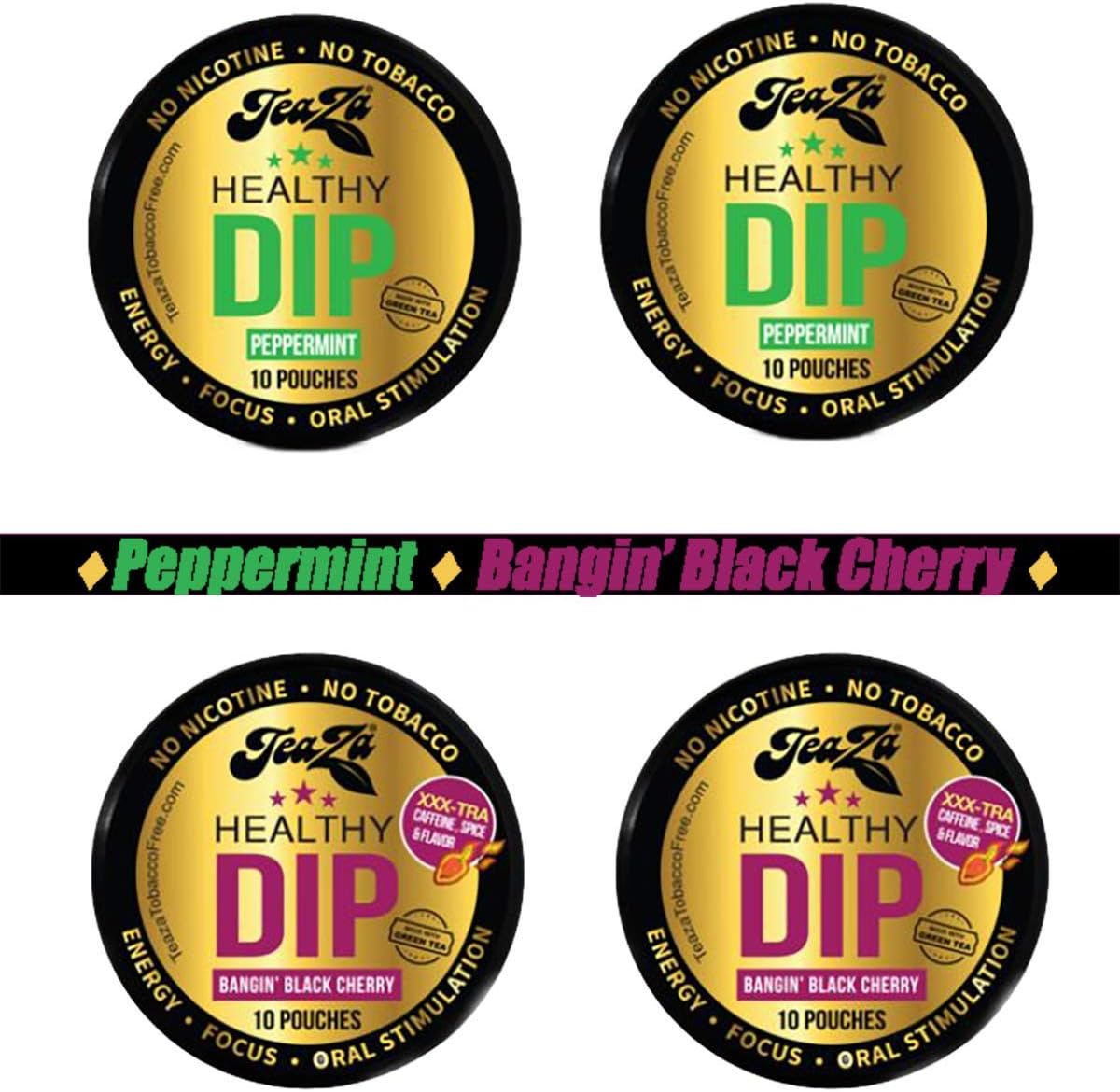 Herbal Energy - Alternative Snuff and Healthy Dip, Caffeine Free - Banging Black Cherry and Peppermint - Bundle