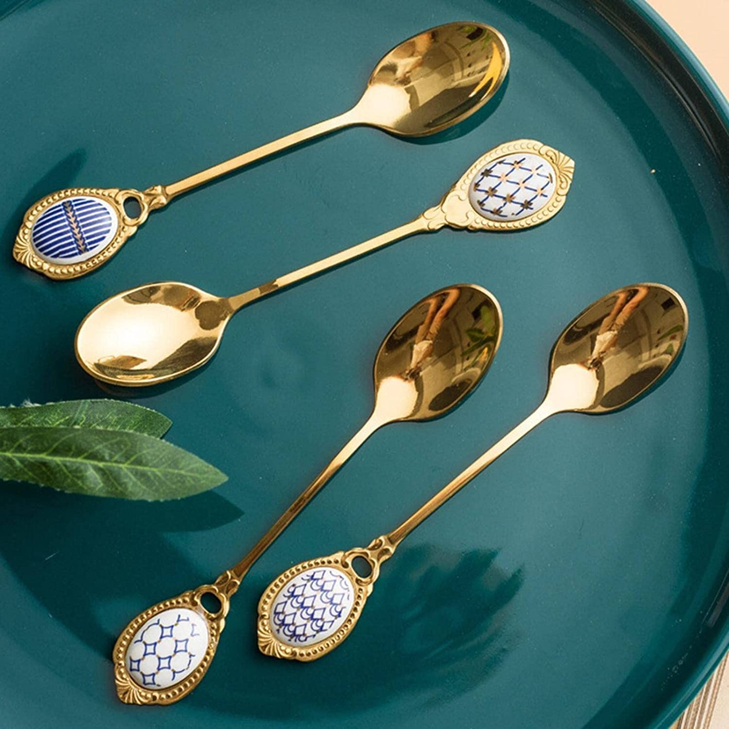 Löffel Restaurants Edelstahl Löffel Inlay Keramik Griff Kaffee Scoop Vintage Gold Farbe Dessert Kuchenschaufel Esslöffel Hause(D)