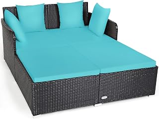 Tangkula Turquoise Outdoor Rattan Daybed with Cushions & Pillows - Spacious Wicker Patio Sunbed for Poolside Relaxation