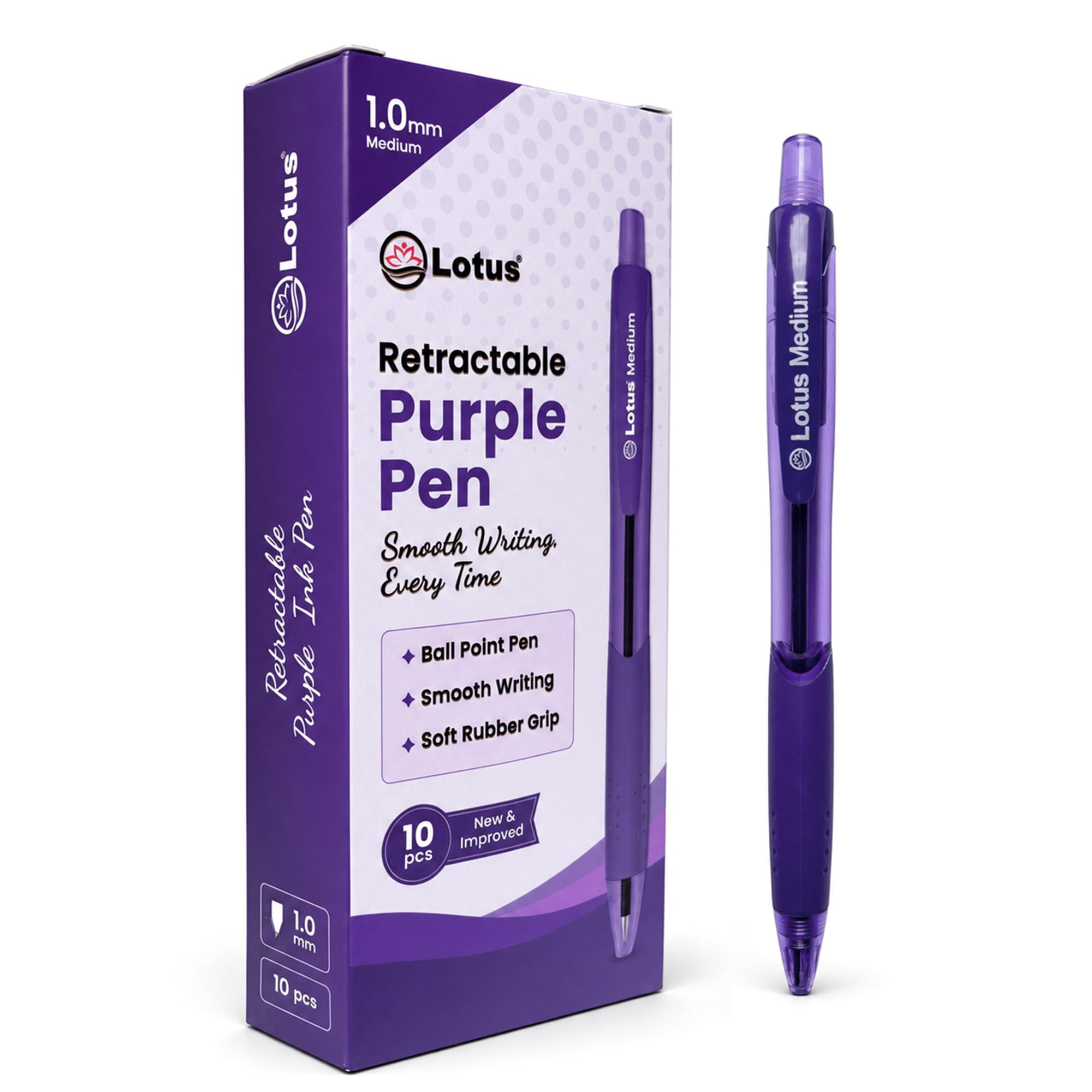 Lotus Purple Pens Pack of 10, Retractable Ballpoint Pens with Soft Rubber Grip, 1.0mm Medium Tip, Click Purple Ink Pens for School, Office & Everyday Use