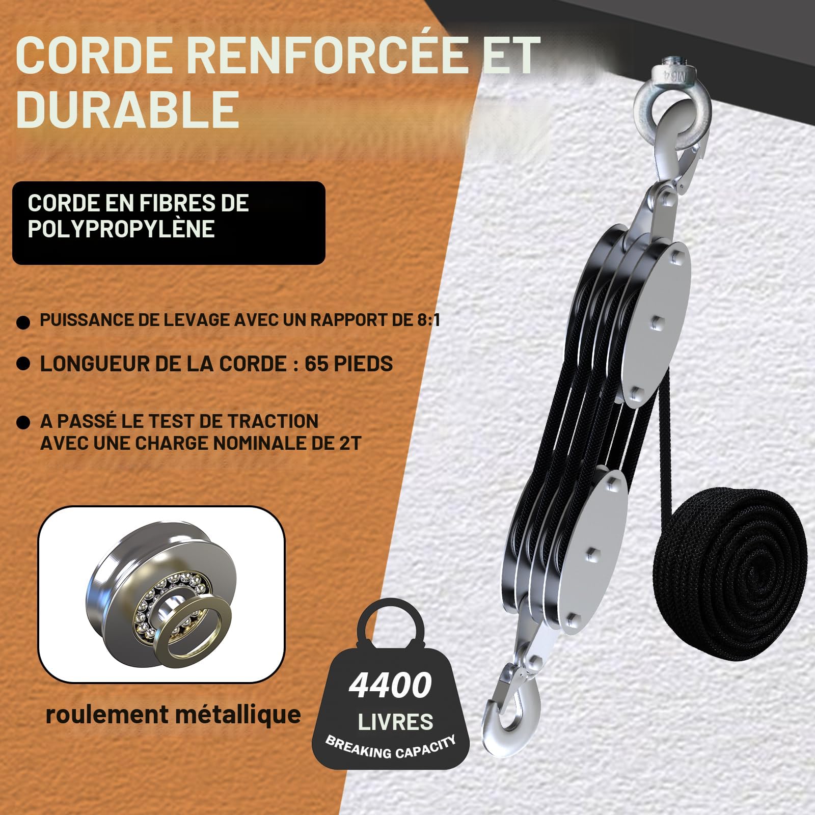 Palan Manuel à Corde Nylon 20 M - Capacité De Levage 180 Kg, Ratio 6:1 - Pour Déménagement, Bricolage, Atelier