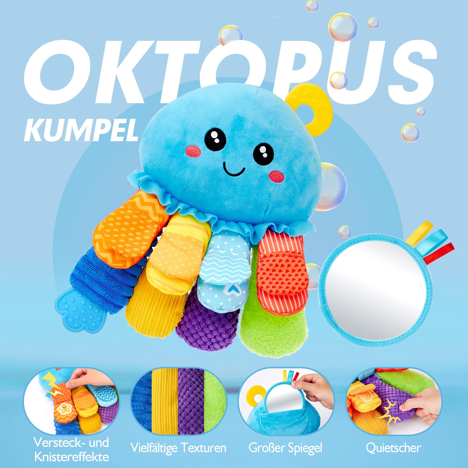 hahaland 2 in 1 Oktopus Baby Sensorik Spielzeug mit Rassel, Spiegel und Beißring, Montessori Greifling ab 0 3 6 Monaten, Neugeborene Geschenk, Bauchlage Spielzeug Tummy Time Toys, Jungen Mädchen